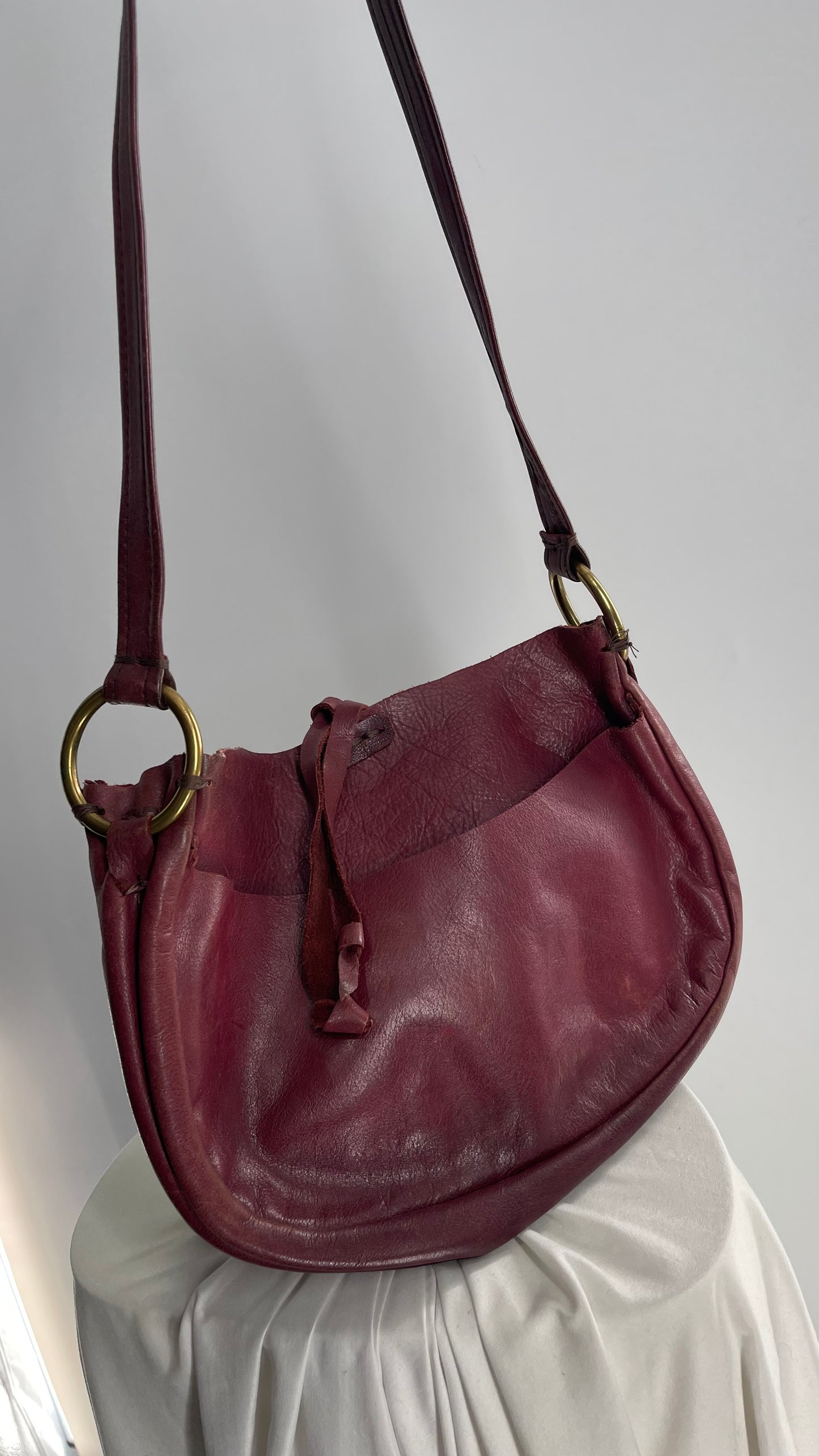 Vintage Burgundy Leather Saddle Bag with Gold Hardware