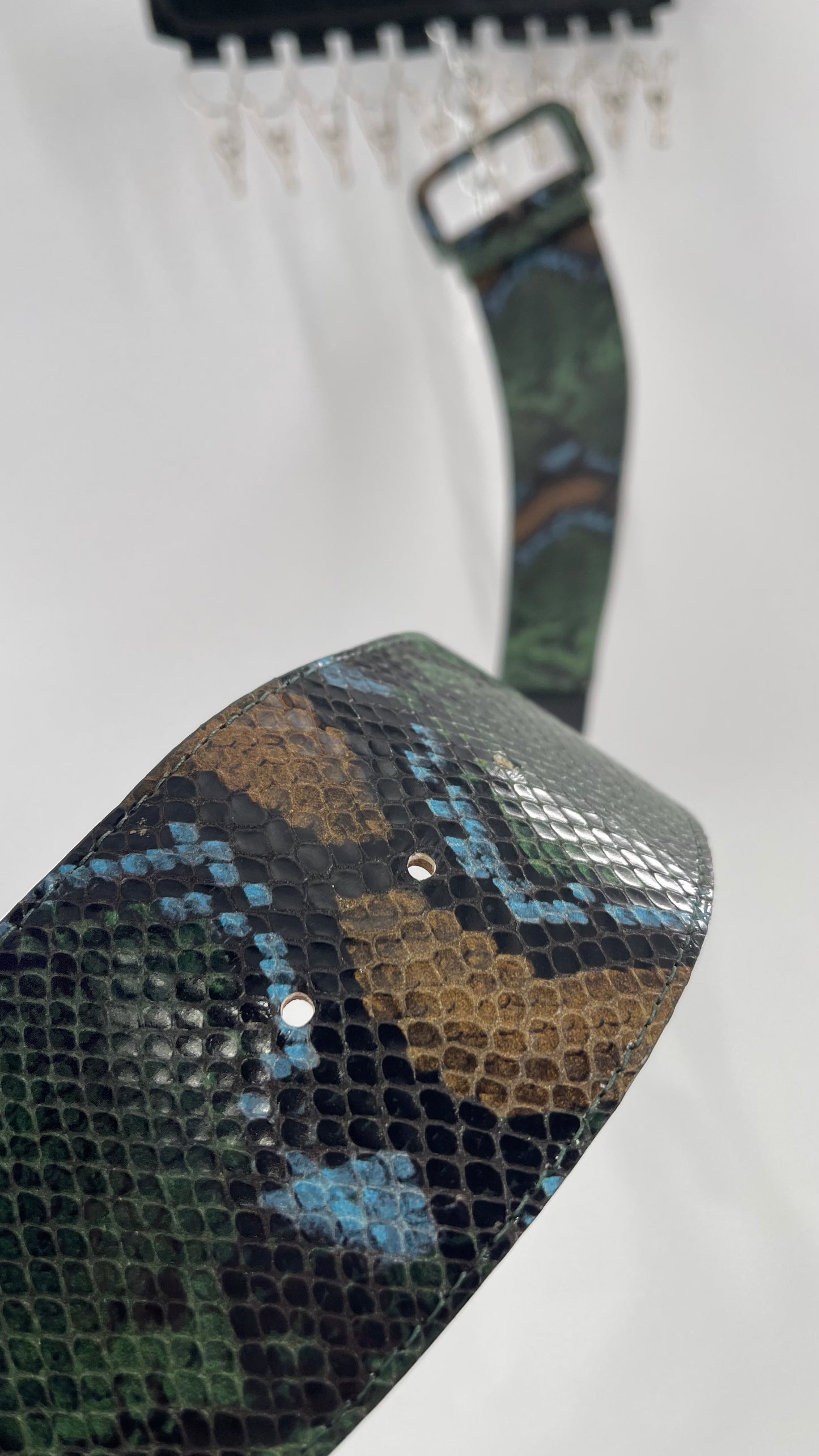 Streets Ahead Green/Blue/Tan Snakeskin Waist Belt with Exaggerated Buckle (XS)