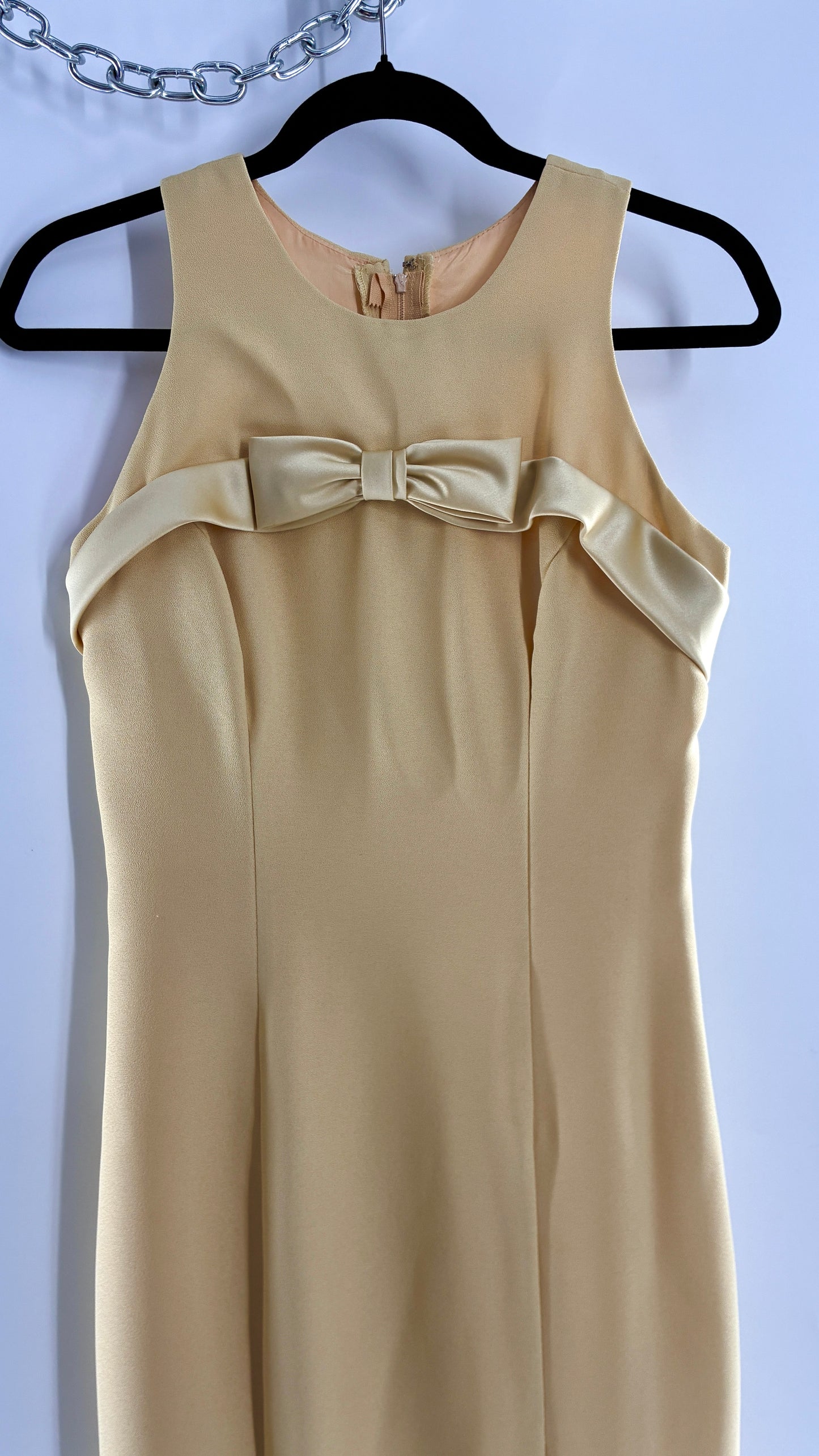Vintage ALYCE’S Baby Yellow High Neck Satin Bow Bust, Side Slit, Button Back Gown (Measured)