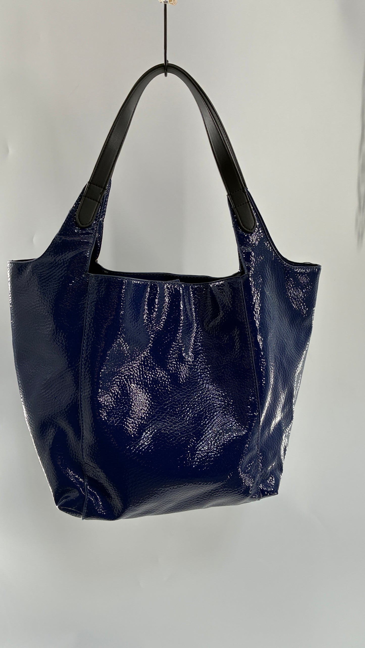Vintage ARMANI EXCHANGE Navy Blue Patent Tote Bag with Contrasting Red Zipper