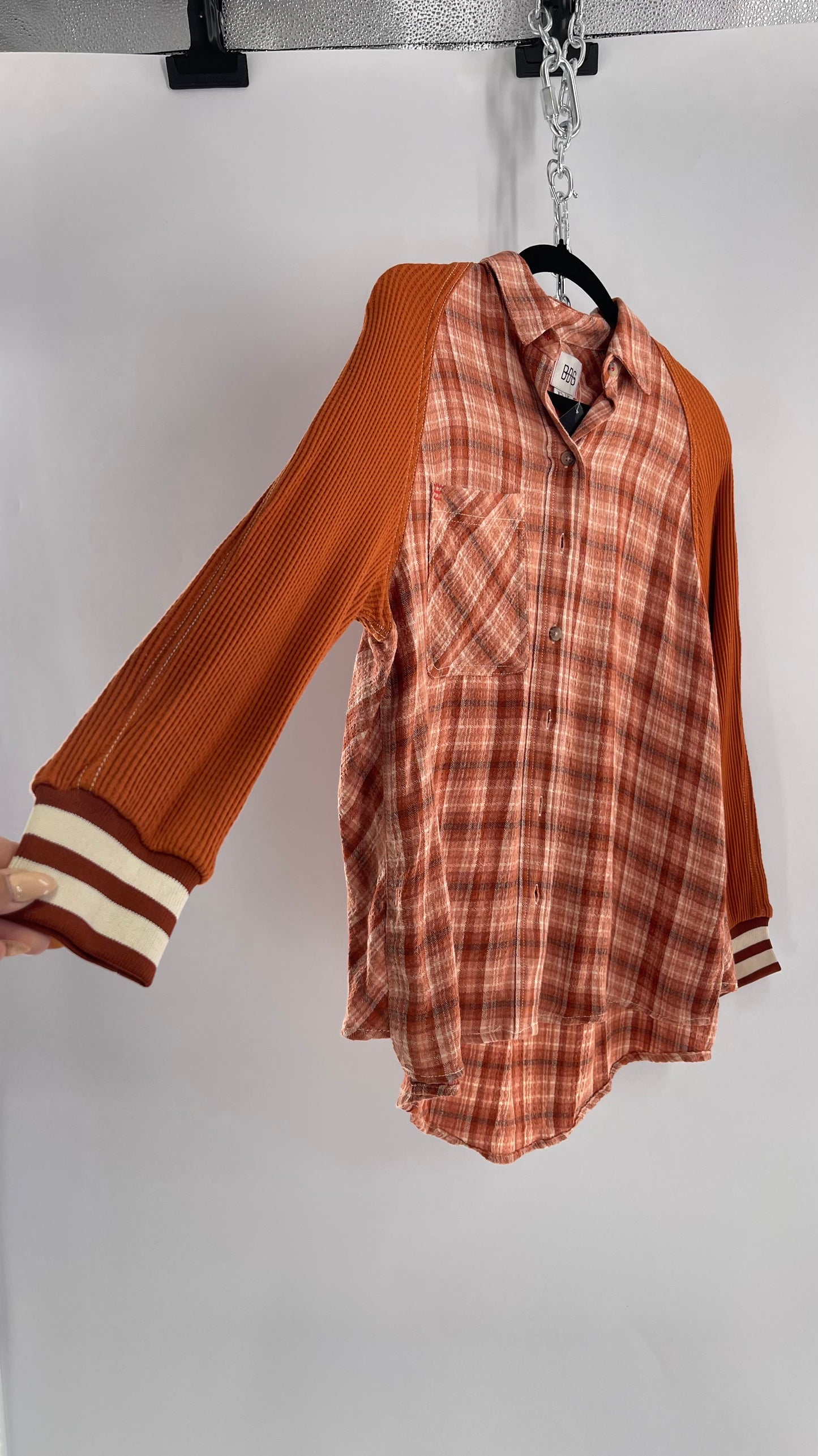 BDG Burnt Orange Flannel with Waffle Knit Sleeves (XS)