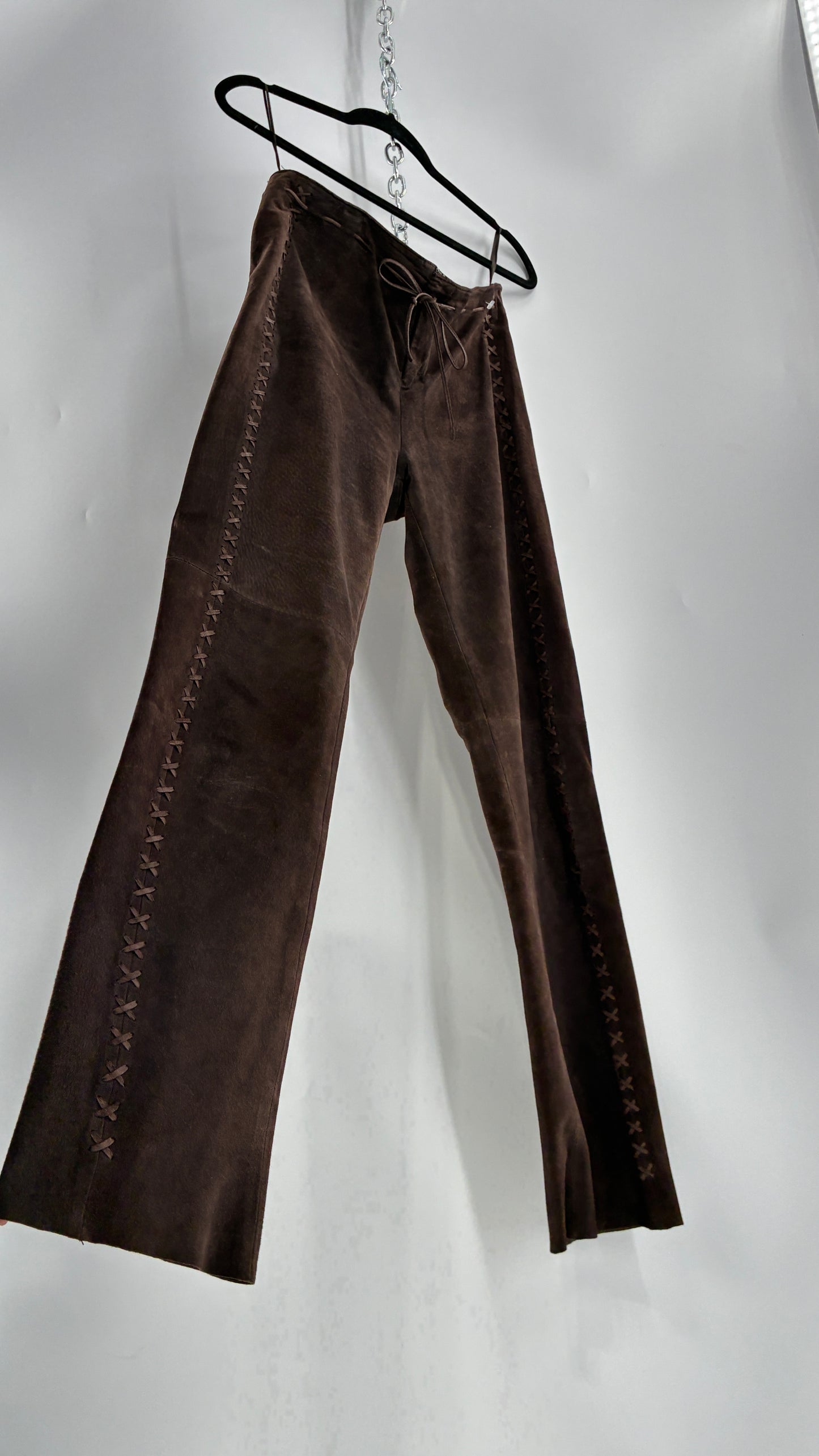 Vintage FOR JOSEPH Low Rise, Chocolate Brown Suede Pants with Leather Stitch Sides and Bow Closure (28)
