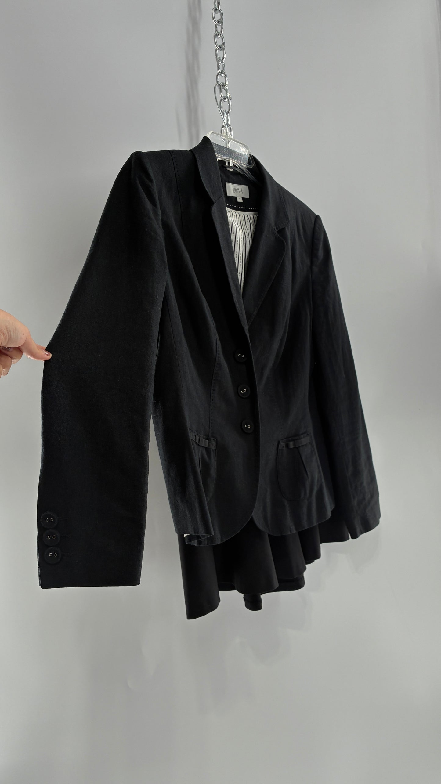 Vintage MARKS & SPENCER Suit Set with Black Linen Blend Blazer and Upcycled Mini Skirt with Corset Backing (14/M)