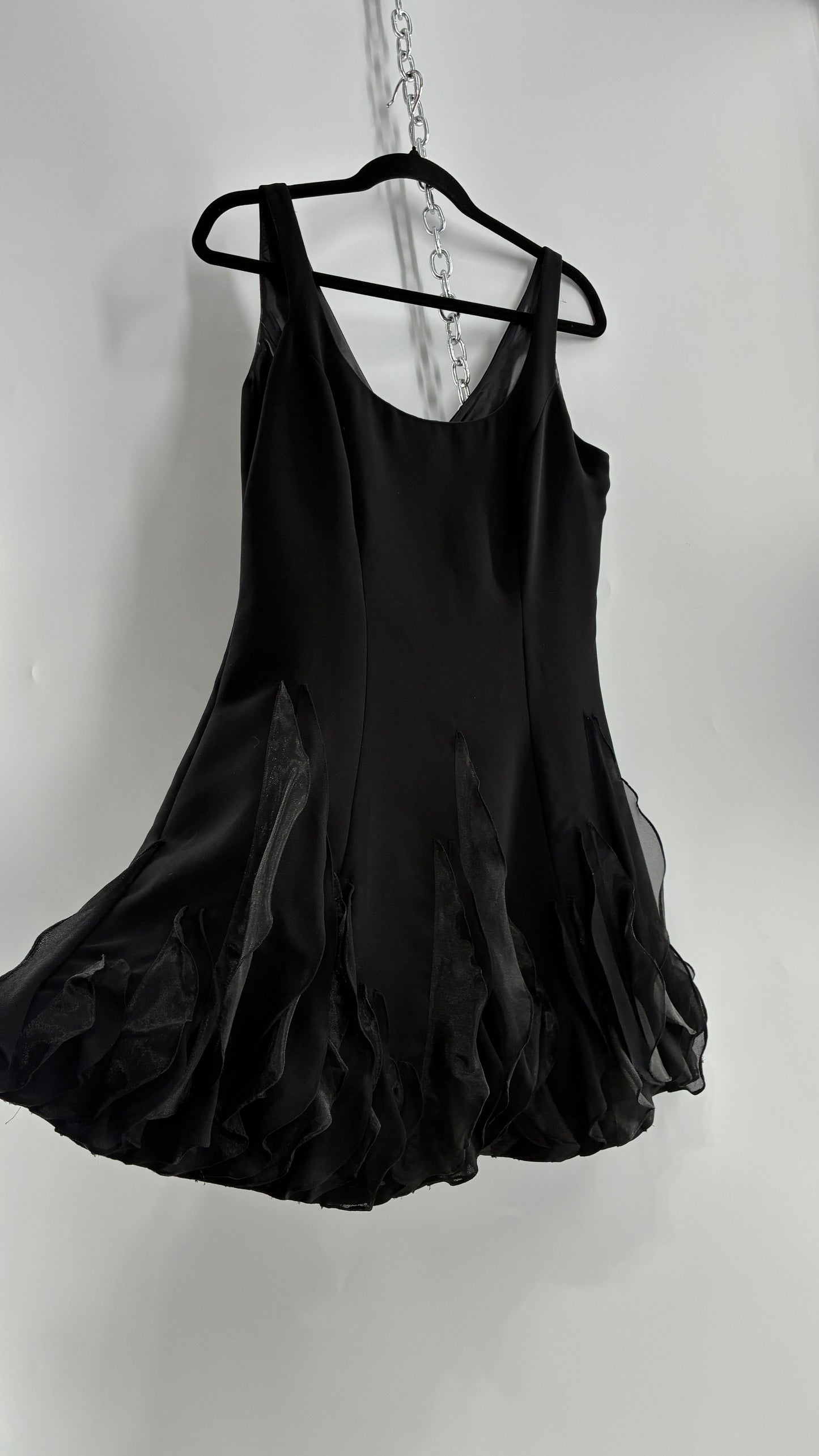 Vintage JS BOUTIQUE Black Structured Petite Mini Dress with Ruffled Hem (10P)