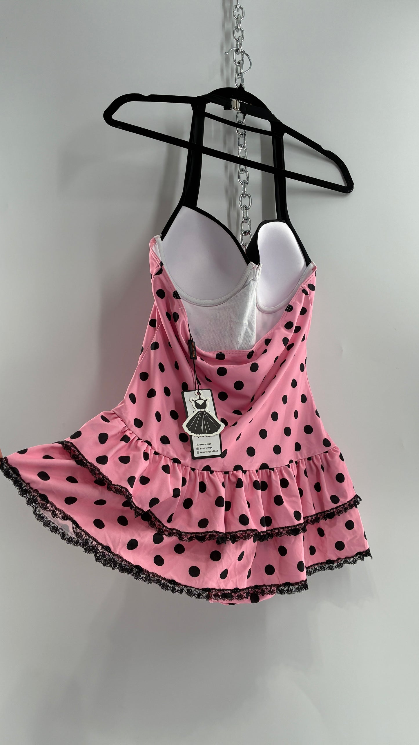 Vintage Retro Style Pink Polka Dotted Swim Dress with Ruffled Skirt and Underwire Bust (XL)
