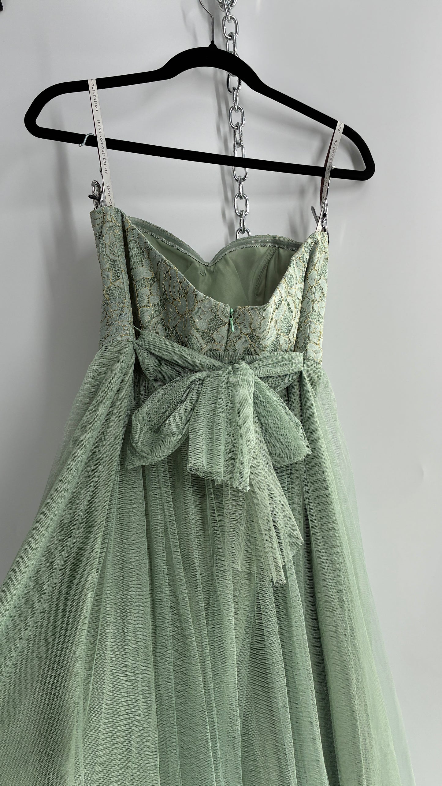 Jenny Yoo Seafoam Green Tulle Full Length Dress with Lace Corset Bodice (8)