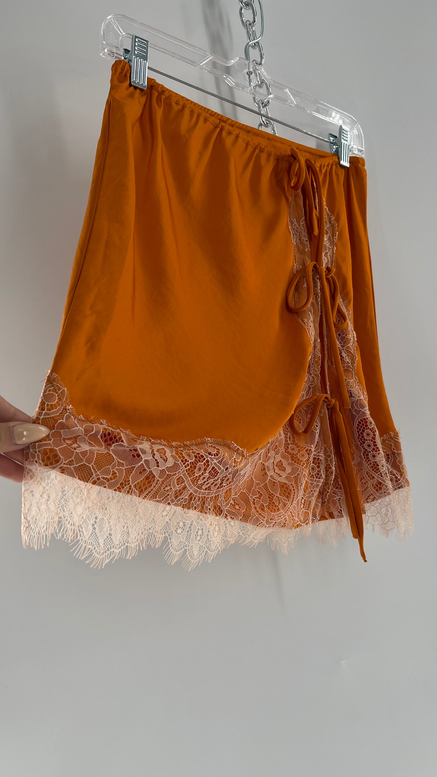 Free People Orange Lace Trim Silky Mini Skirt (Medium)