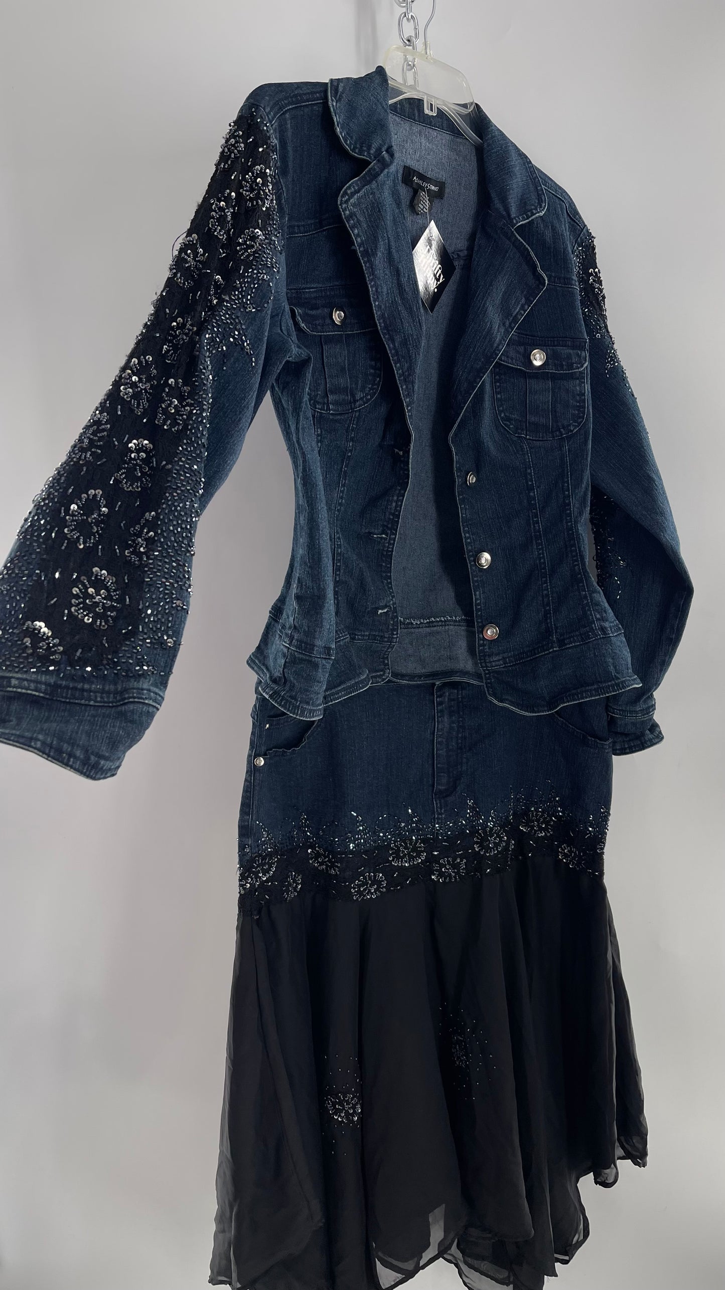 Vintage Ashley Stewart Denim Skirt and Button Up Set with Black Embroidered and Beaded Lace Details + Handkerchief Skirt (16W)