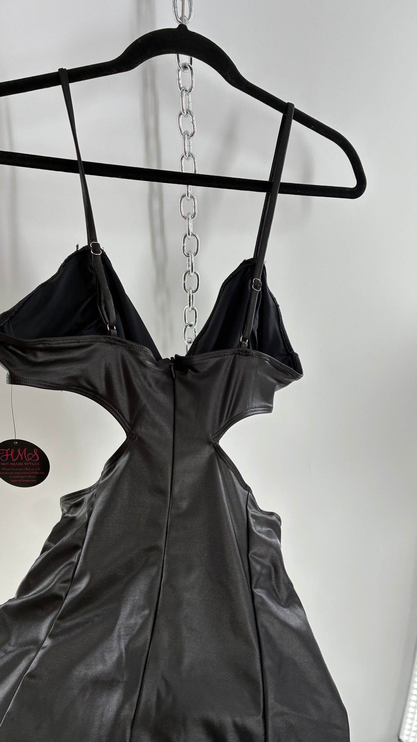 Deadstock Vintage HOT MIAMI STYLES Black Mini Dress with Ruffled Hem, Cut Out Design, and Ruched Body (Large)