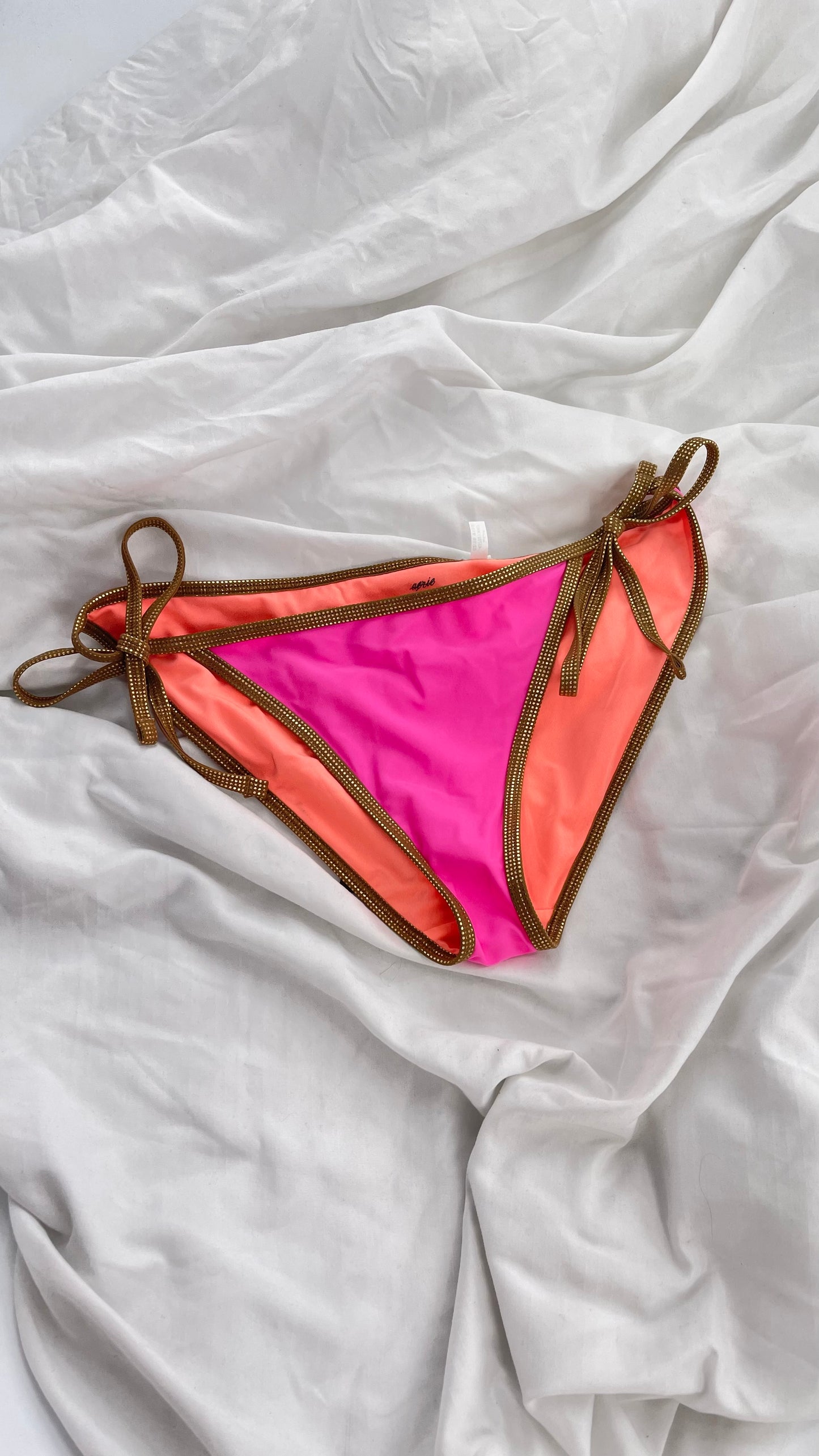 Deadstock Vintage Aerie Neon Pink and Orange Reversible Bikini Bottoms with Gold Metallic Trim (Large)