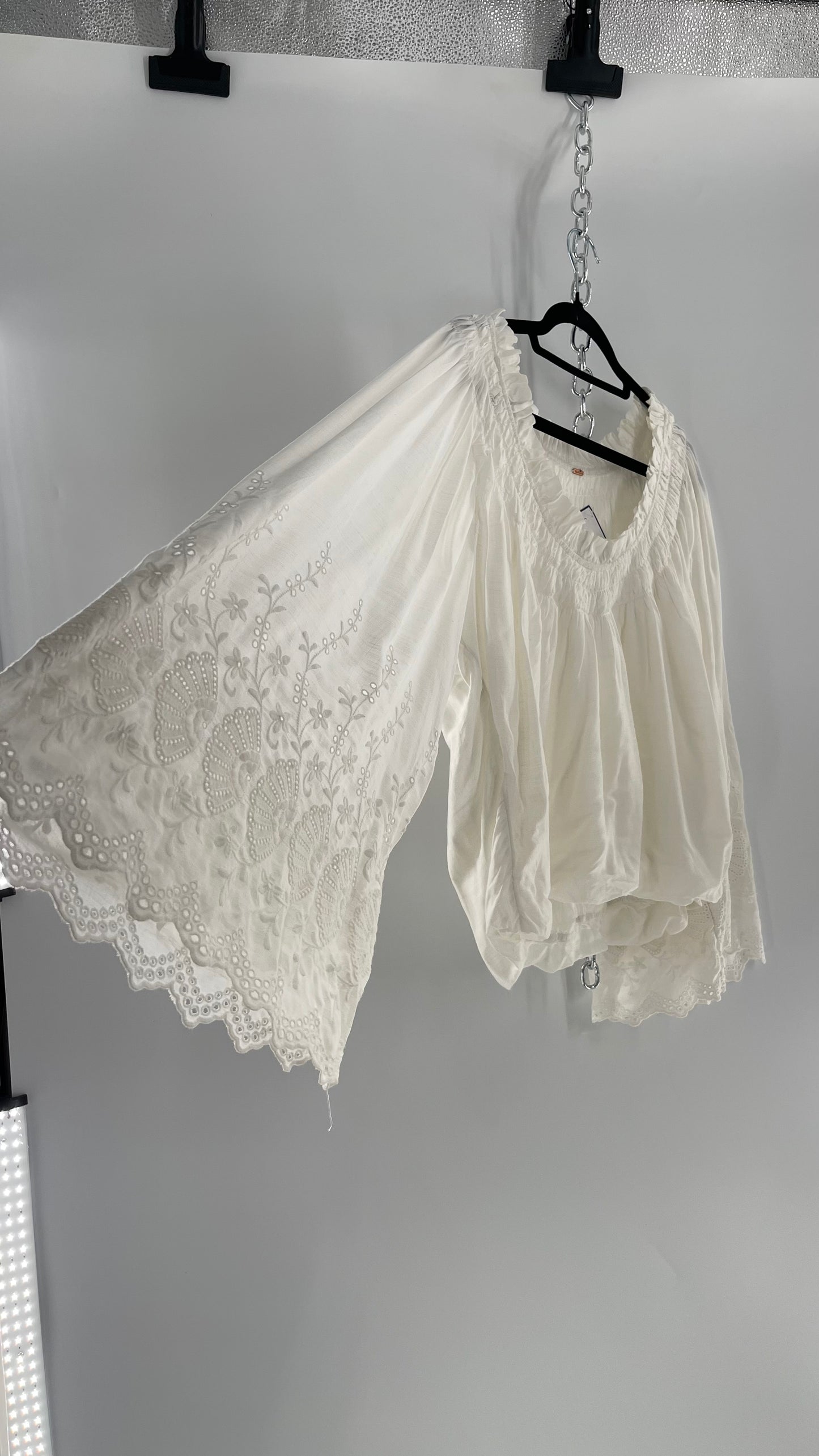 Free People White Bubble Hem Blouse with Linen Embroidered Bell Sleeves (Medium)