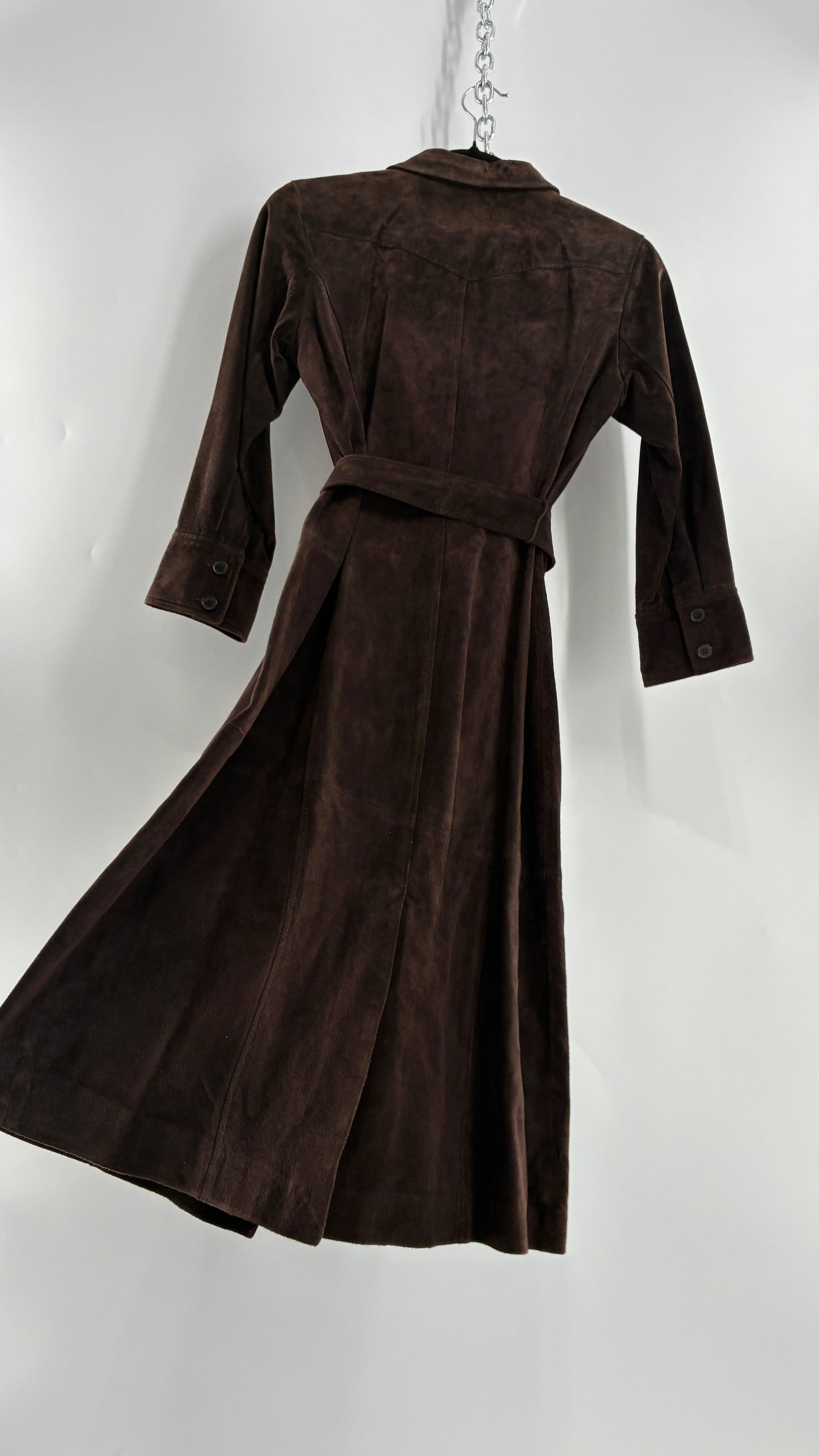 Vintage LOFT Brown Suede Leather Button Front, Belted Midi Dress with Tags Attached (4)