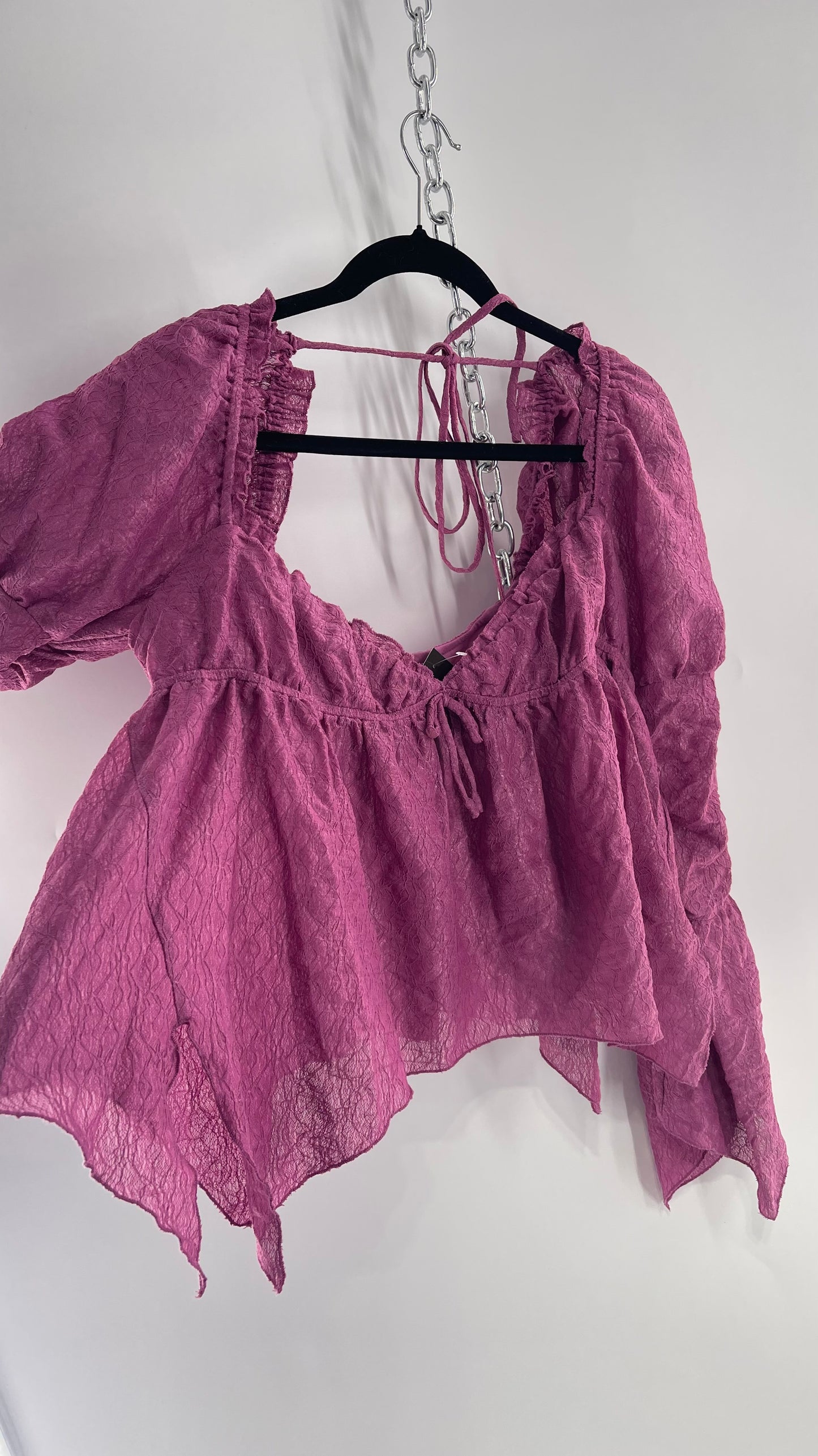 Urban Outfitters Purple Lace Blouse with Handkerchief Slit Hem, Princess Fairy Sleeves, Ruffle Trim Bust and Low Back (Large)