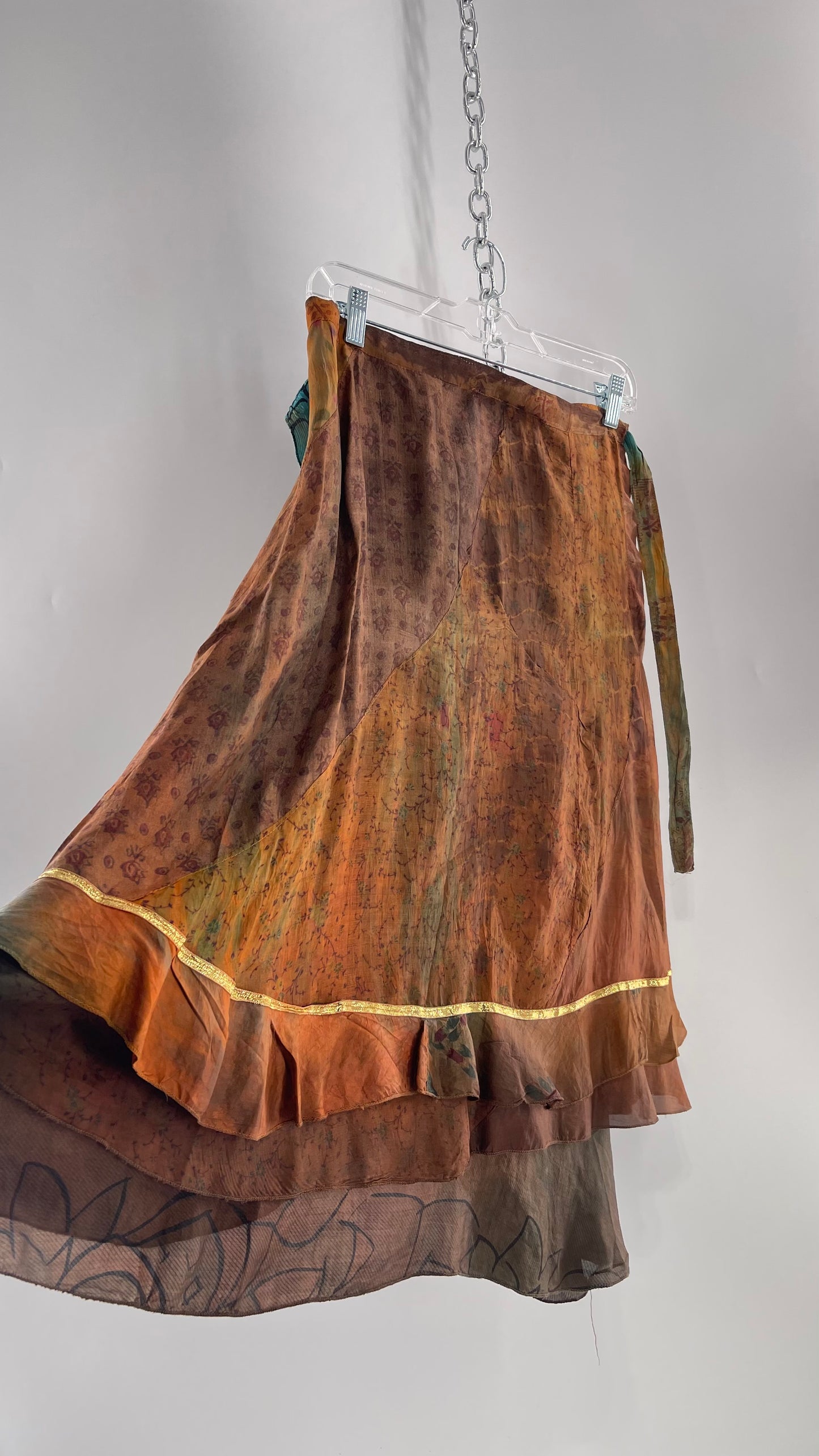 CHIC THING 100% Silk Blue/Brown Tie Dye Tie Around Skirt (S)