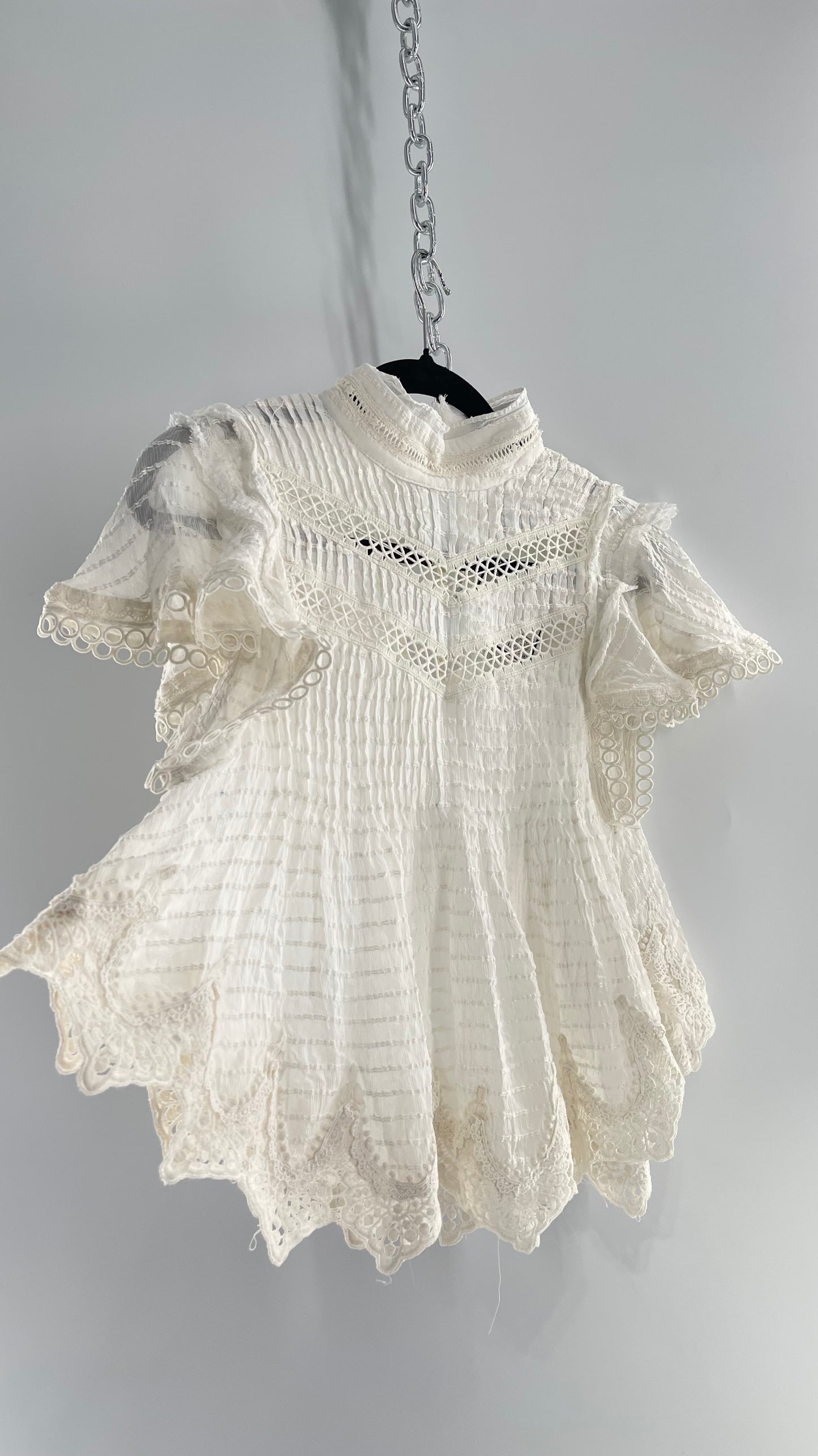 Kimchi Blue White 68% Viscose 32% Cotton Romantic Blouse with High Neck, Textured Body, and Scalloped Lace Hem and Sleeves (Small)