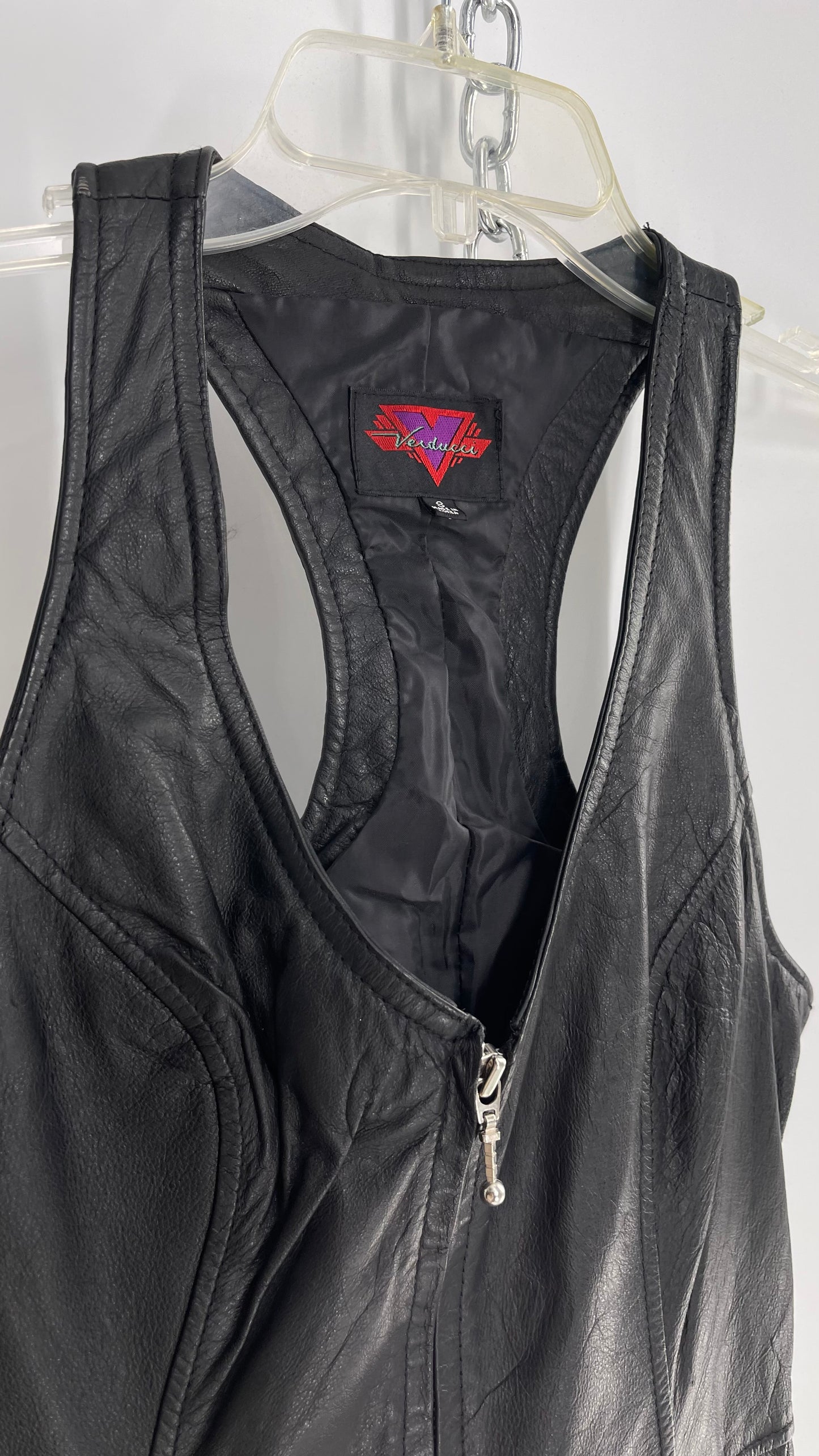Vintage 1980s VERDUCCI Black Leather Zip Front Mini Dress (Small)