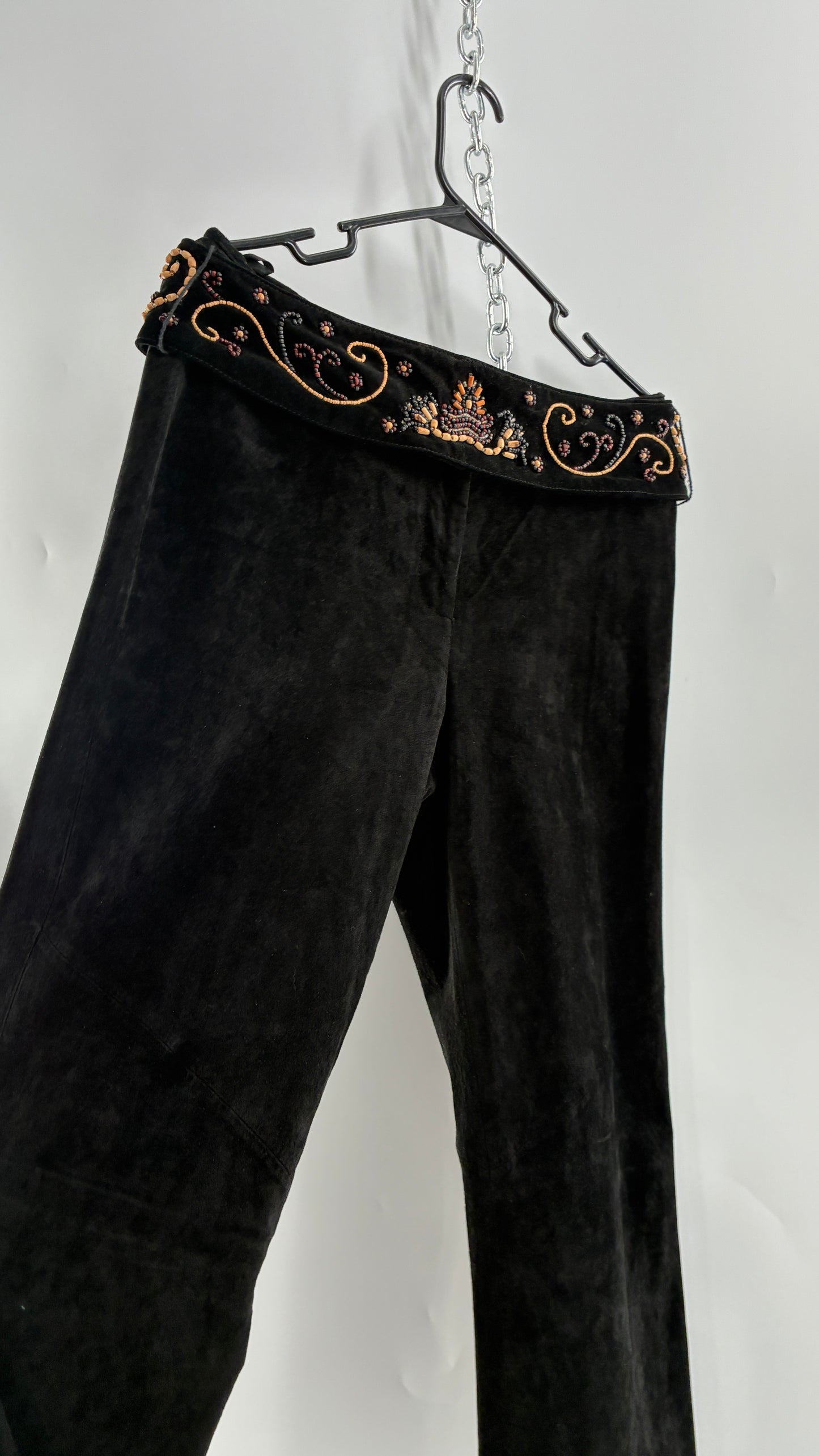 Vintage Margaret Godfrey Black Genuine Suede Leather Kick Flares with Wide Beaded Belt (10)
