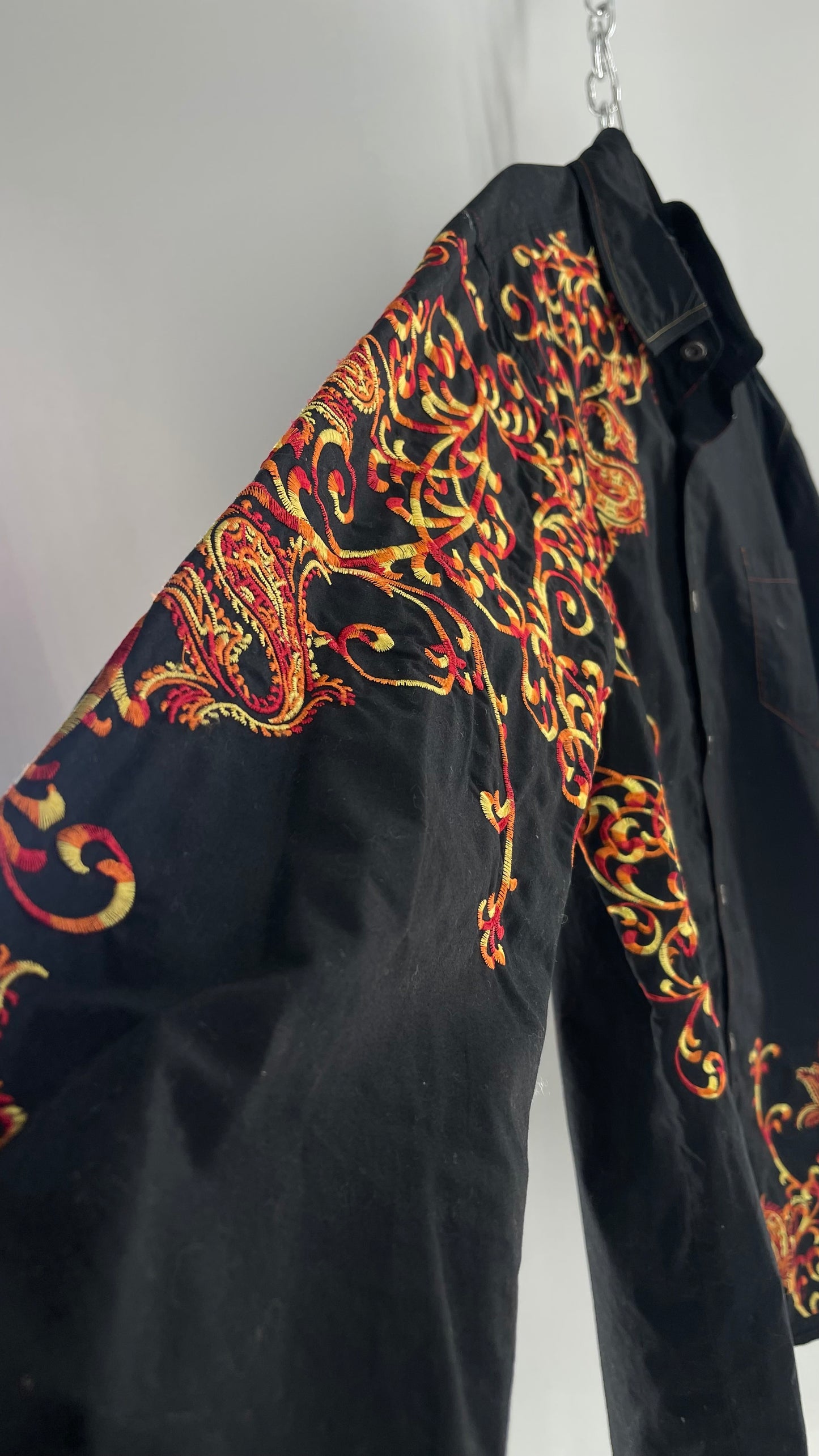 Vintage IMPERIOUS Men’s Black Button Up with Heavy Red/Orange Embroidery (L/XL)