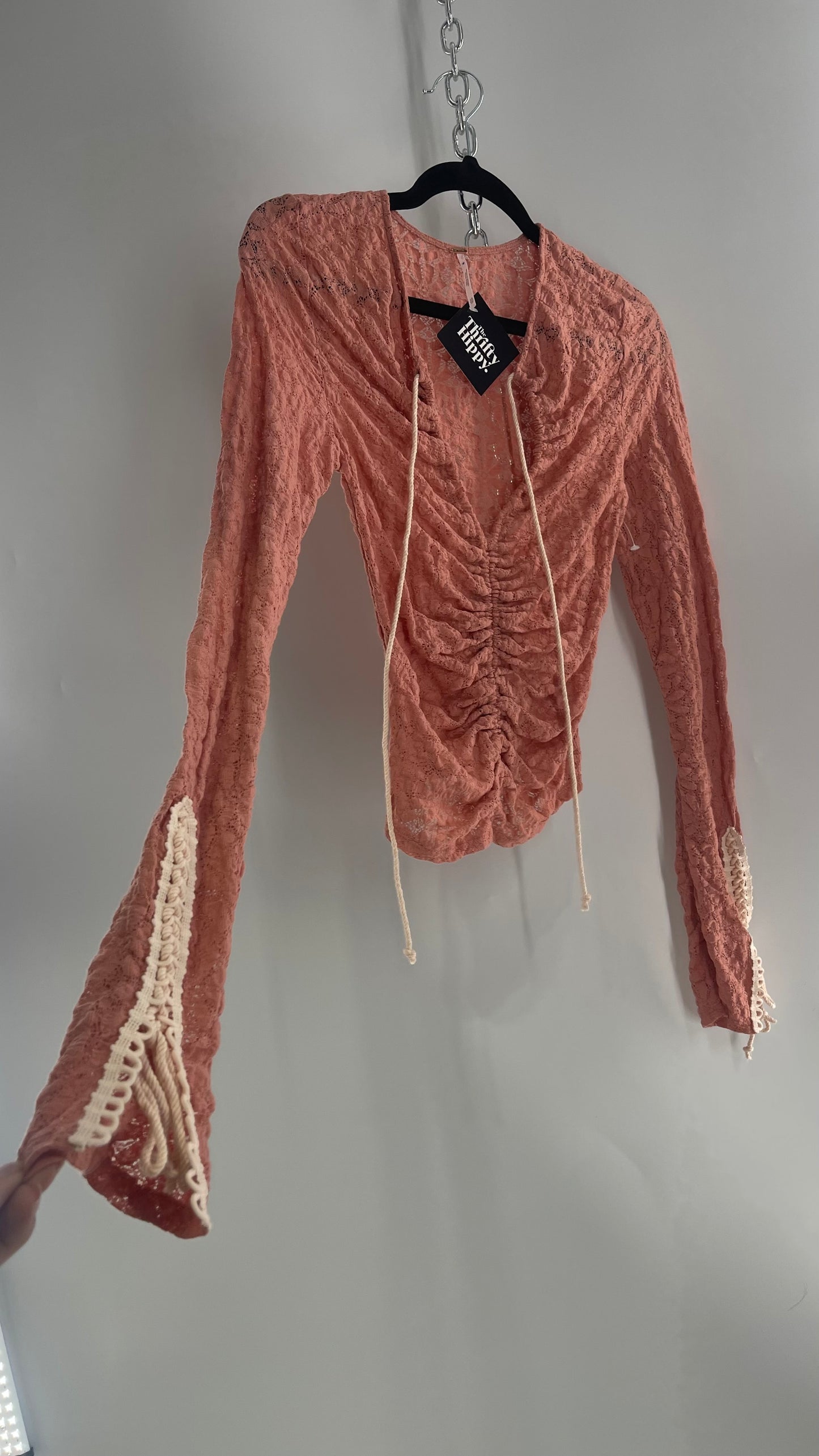 Free People Pink Lace Long Sleeve with Beige Lace Up Sleeve Detail (XS)