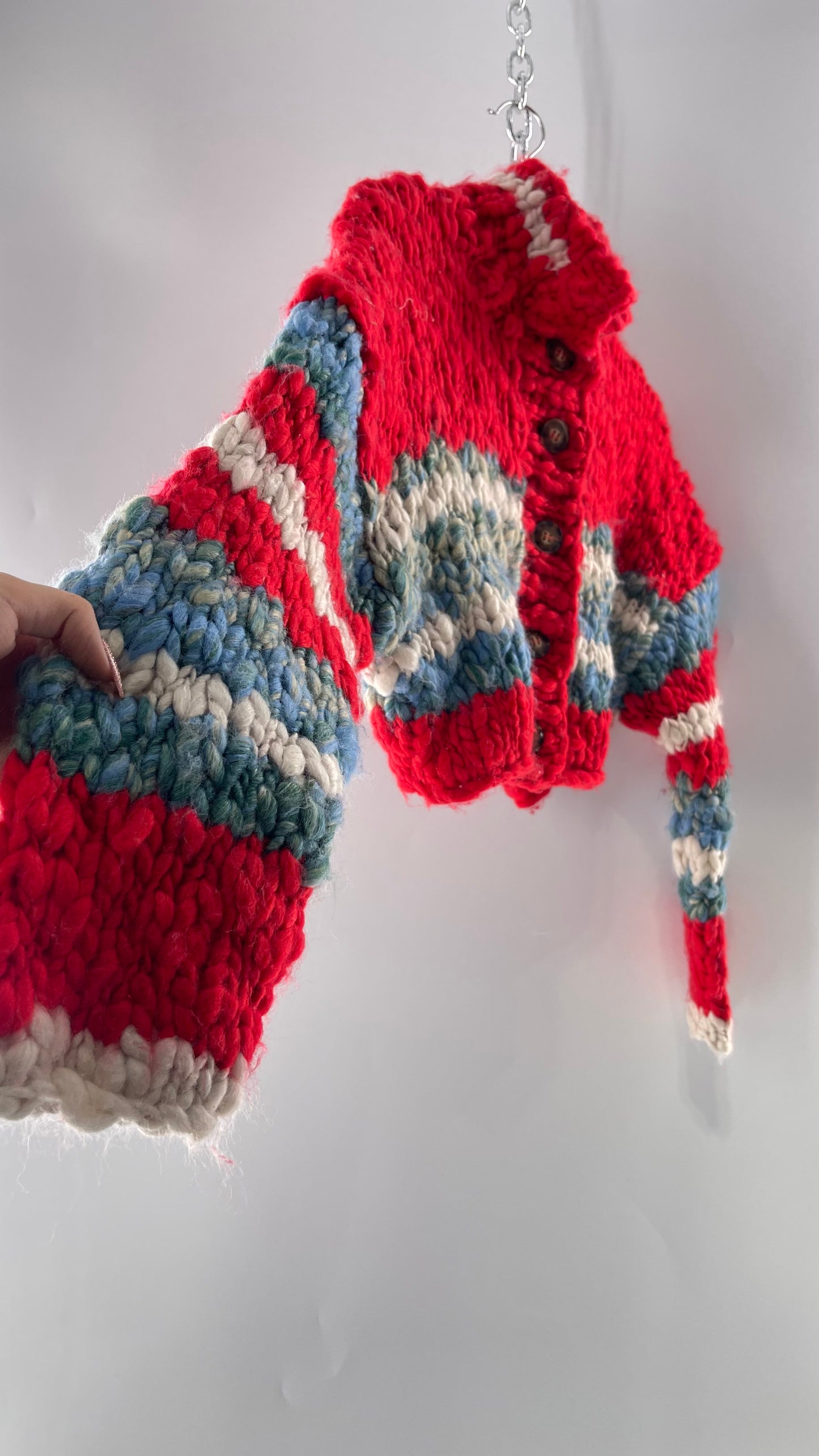 BDG Urban Outfitters Thick Knit Red White Blue Chunky Cropped Striped Cardigan (XS)