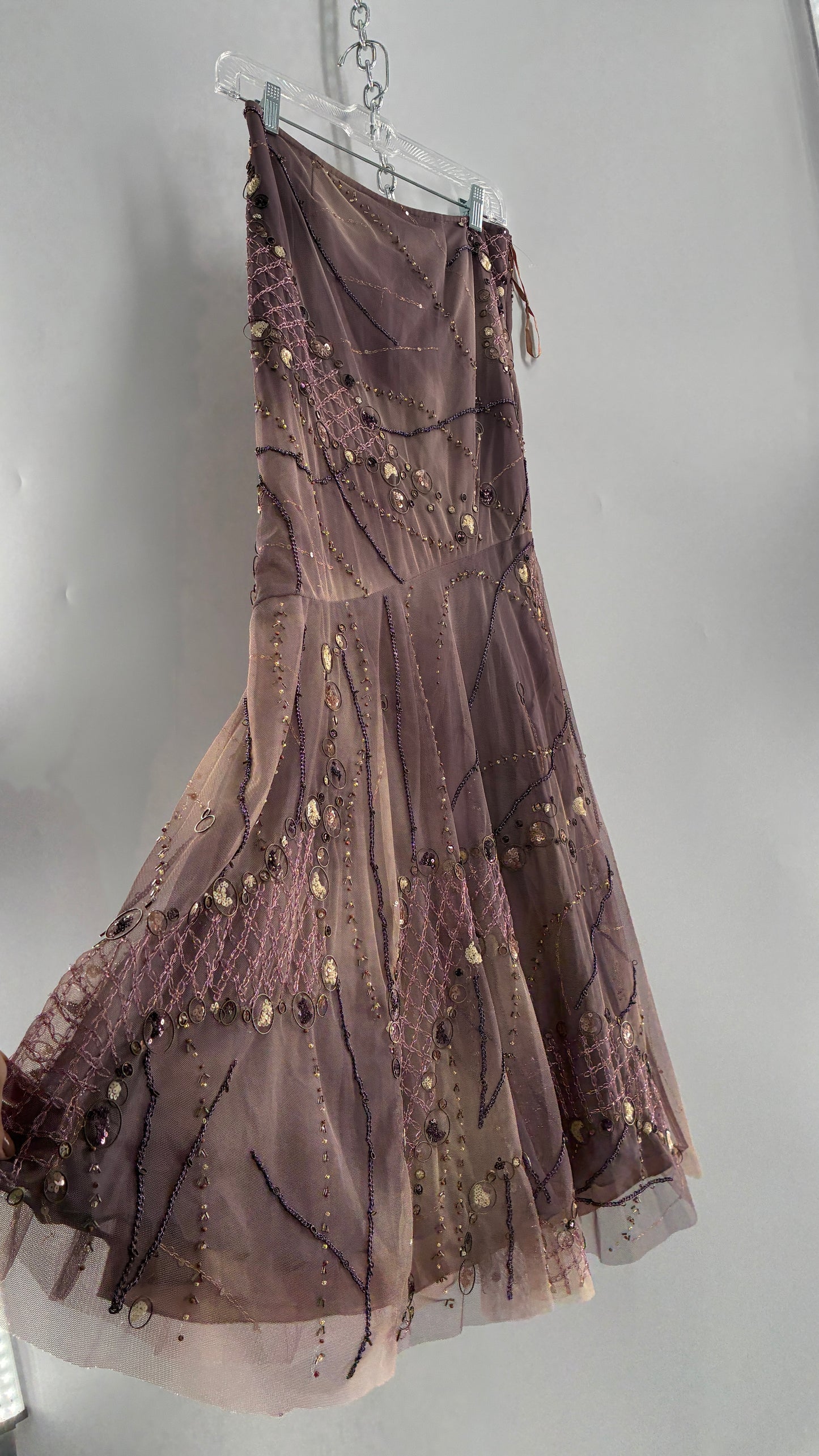 Vintage ALBERTO MAKALI Completely Embroidered and Beaded Maxi Asymmetric Dusty Purple Skirt (4)