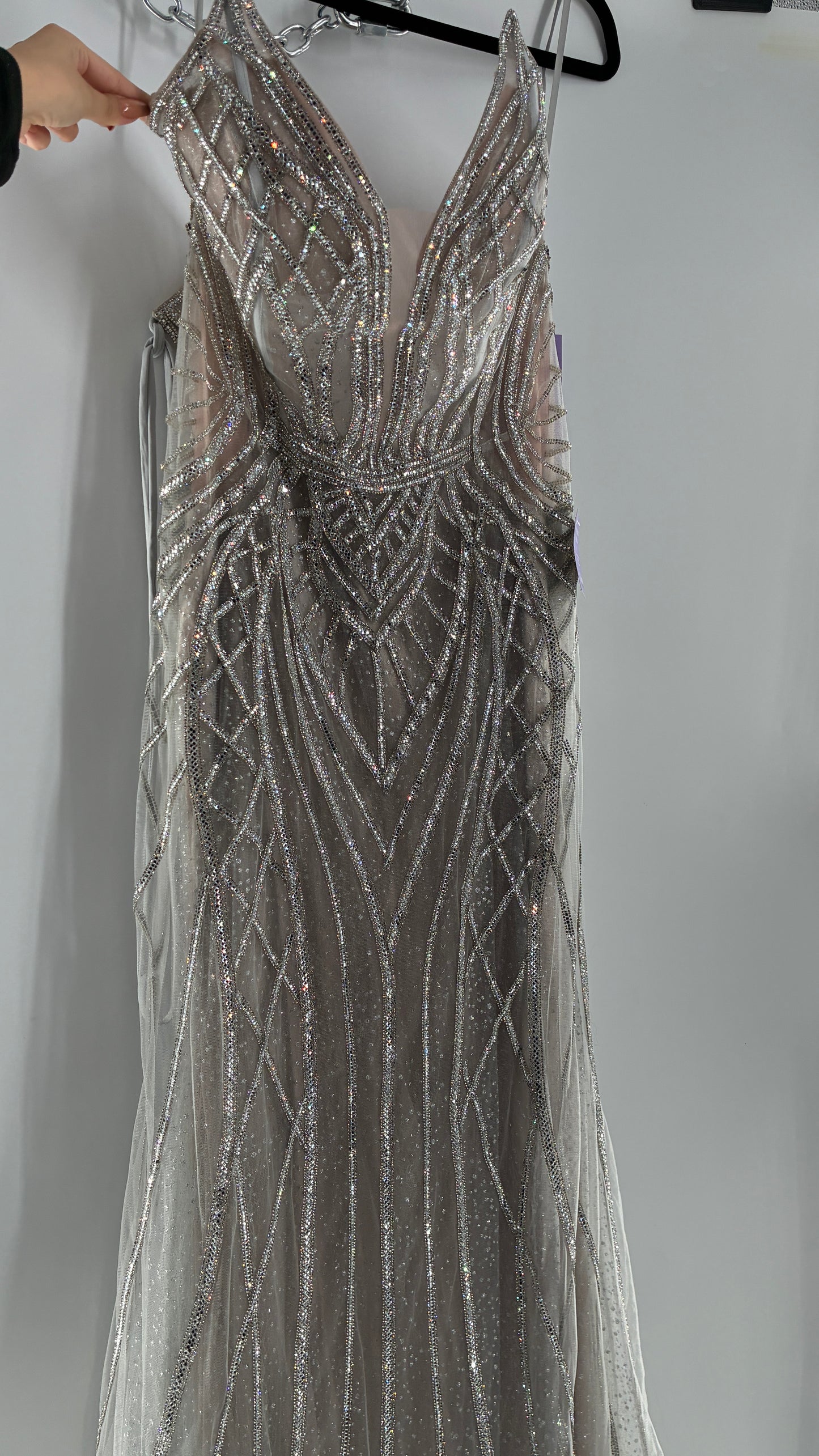 NWT LADIVINE by Cinderella Divine Silver Nude CC6018 Mermaid Corseted Gown with Multiple Layers of Tulle, Covered in Crystal Strips (16)