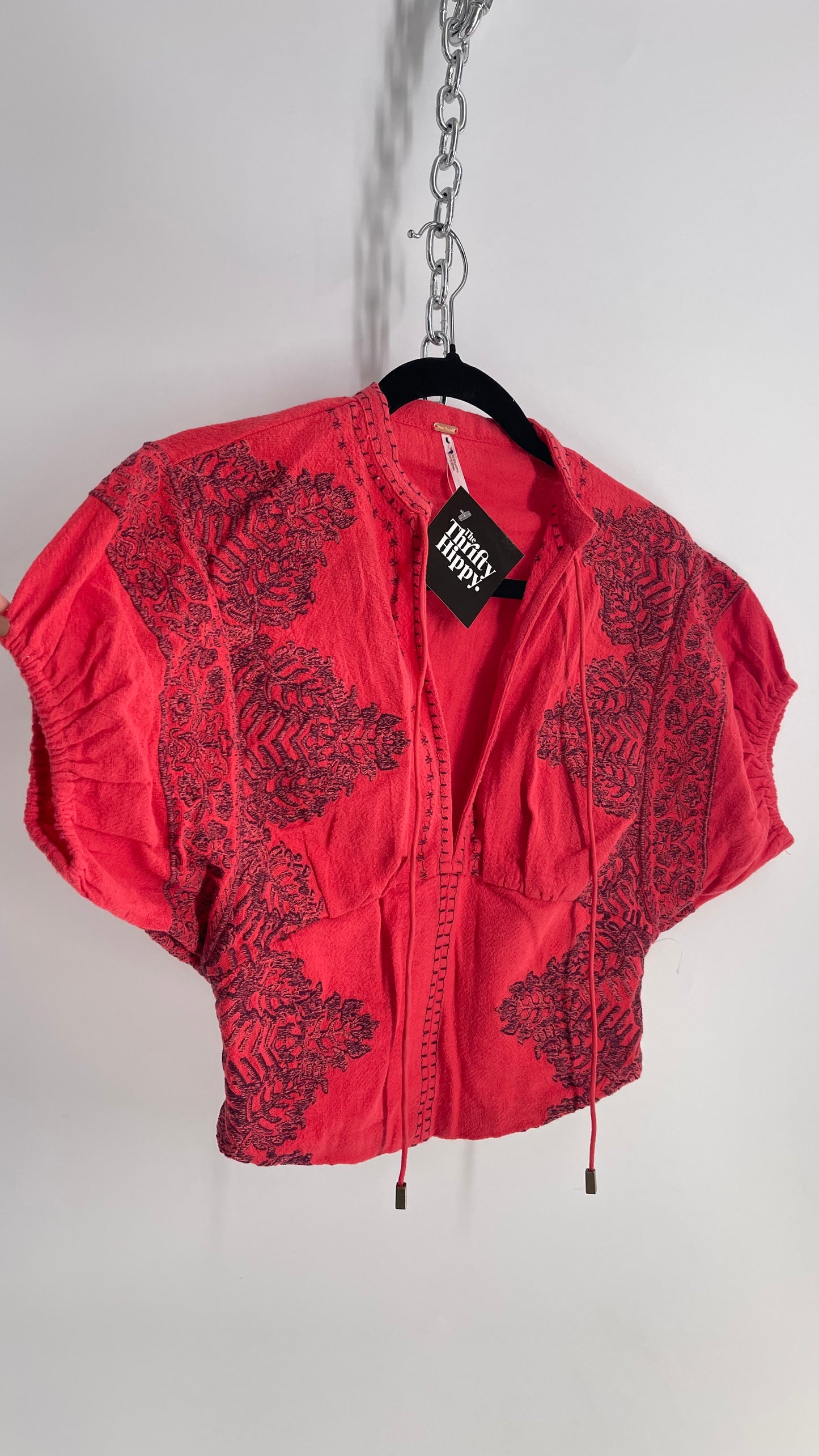 Free People Coral Red Puff Sleeve Top with Heavy Embroidery (XS)