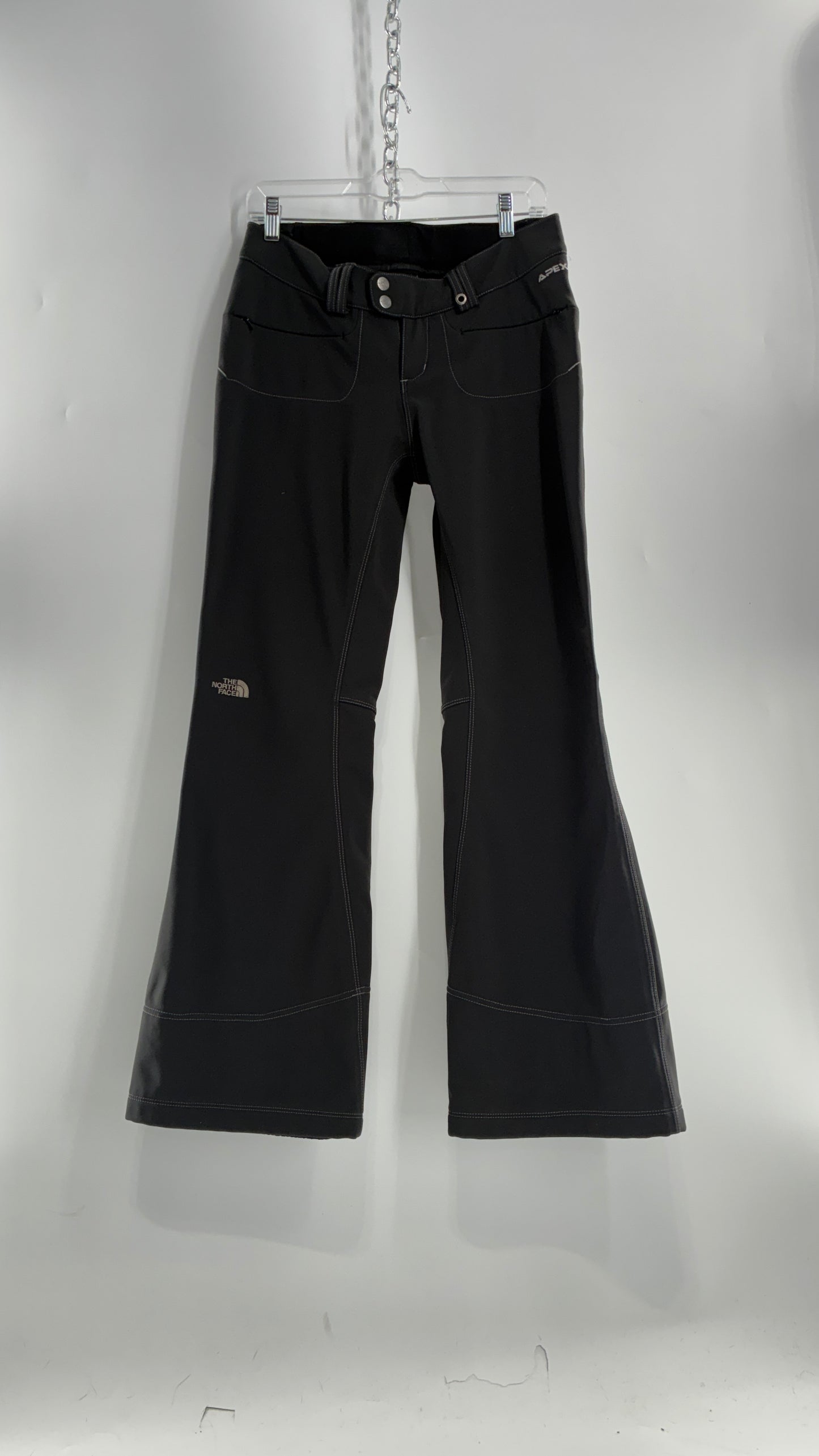 Vintage North Face Dark Gray, Low Rise, Kick Flare Pants with Contrast Stitching, Side Closure and Oversized Bum Pockets (Small)
