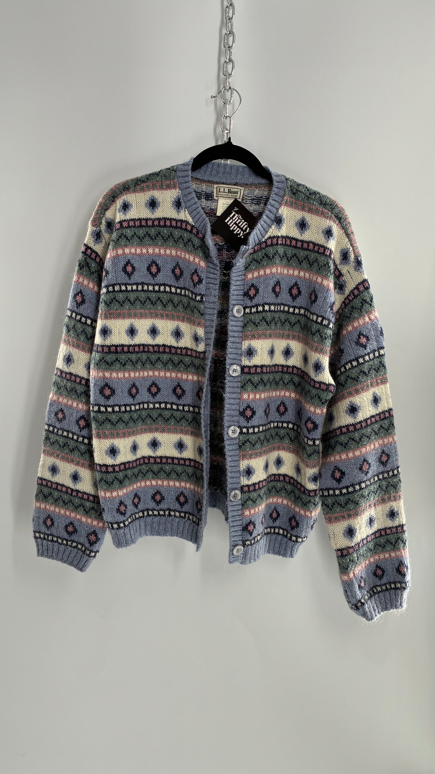 Vintage LL Bean 25% Mohair Striped Knit Blue Green Pink Cardigan (XL)
