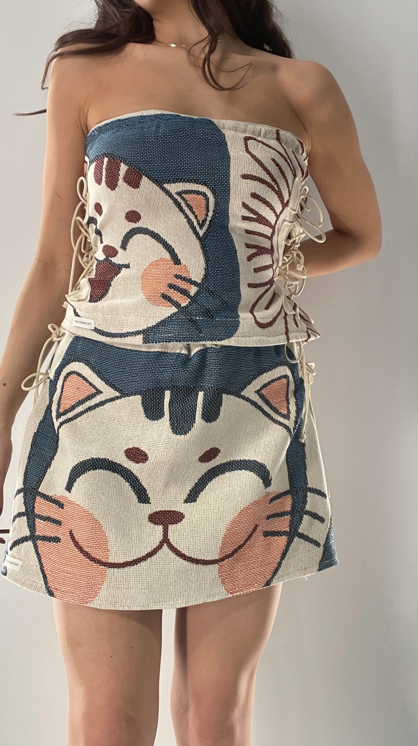 Vintage Tapestry Kitty 2pc Set with Adjustable Corseted Top and Adjustable Corseted Micro Skirt (S-L)