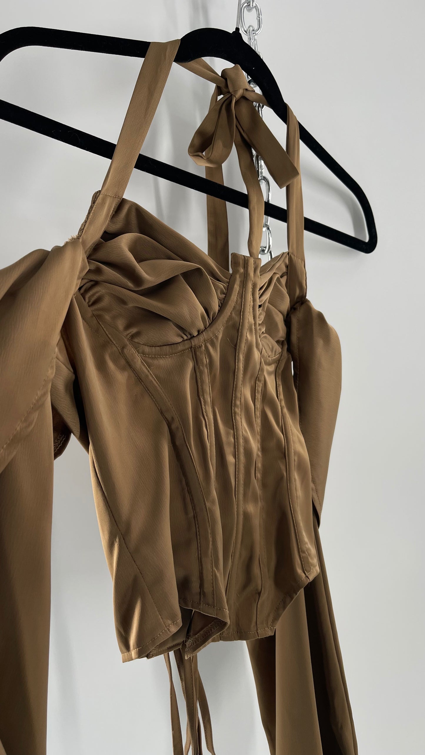 Pretty Little Thing Tan/Gold Corset Blouse with Draped Shoulders, Balloon Sleeves, Halter Strap and Lace Up Back (4)