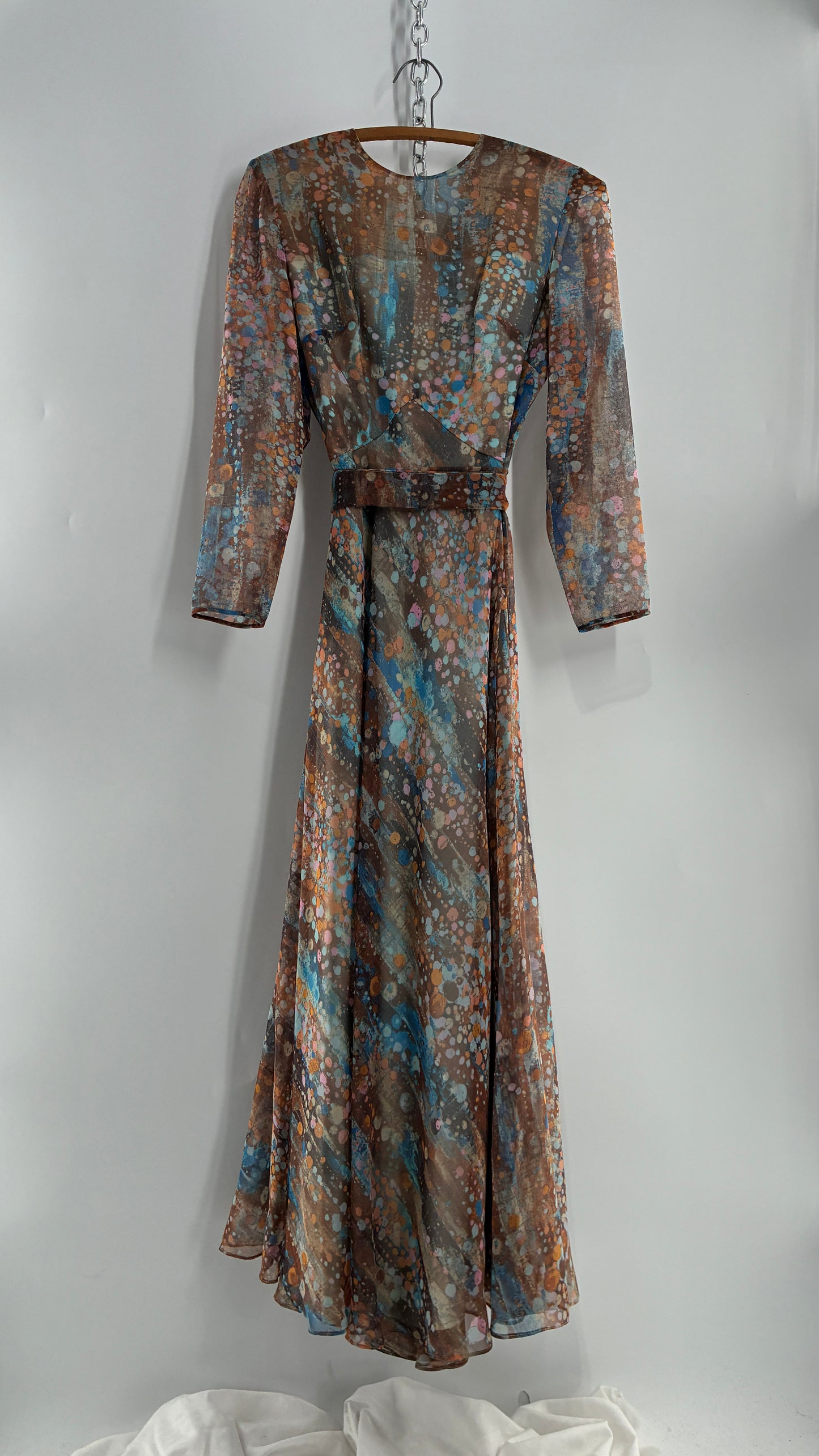 Vintage 1970s HELEN BASS Brown, Orange, Blue Voluminous Maxi Dress (S)