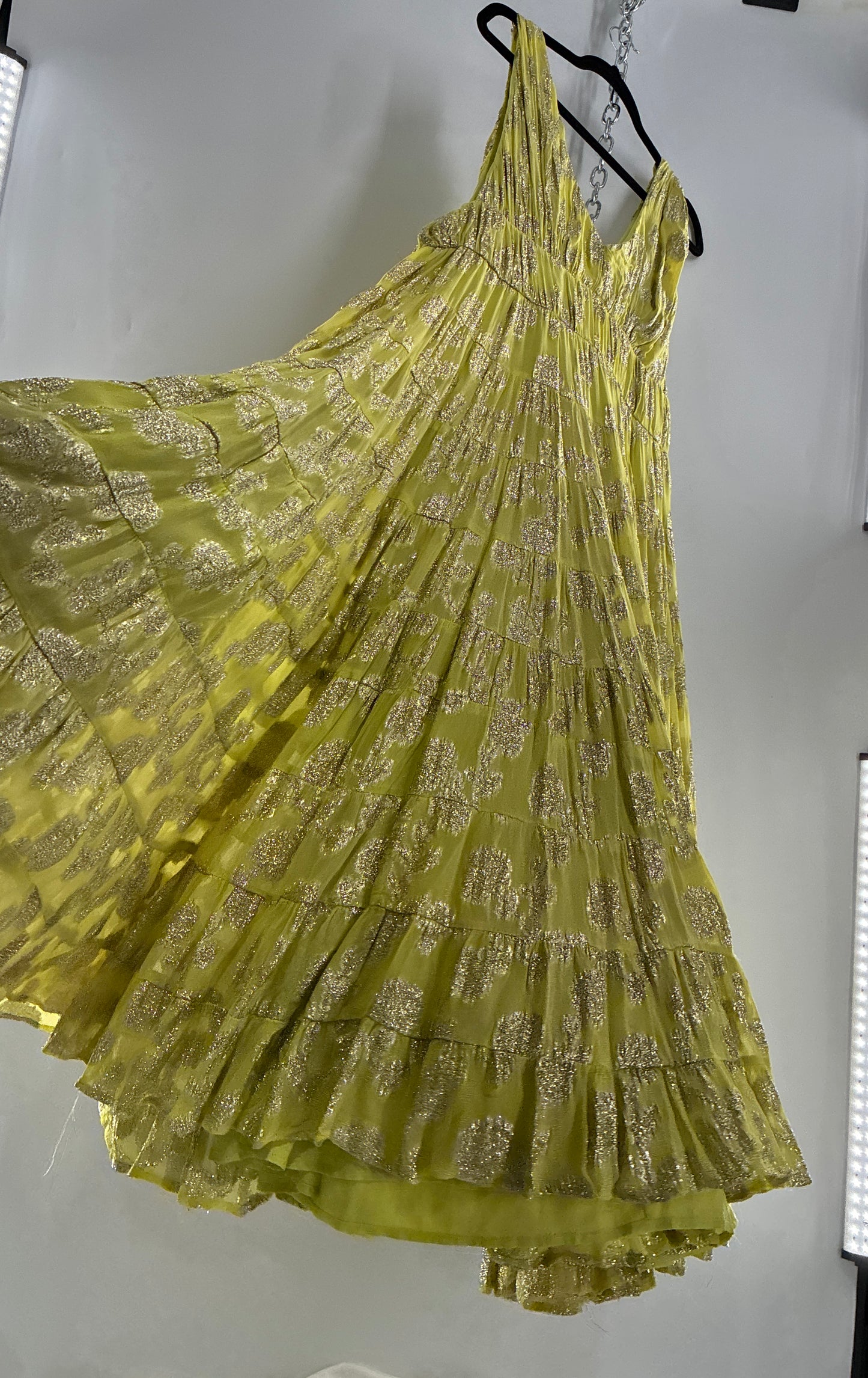 LET ME BE Lime Yellow/Green Ultra Voluminous Tiered Dress with Gold Metallic Jacquard Appliqué Pattern (XL)