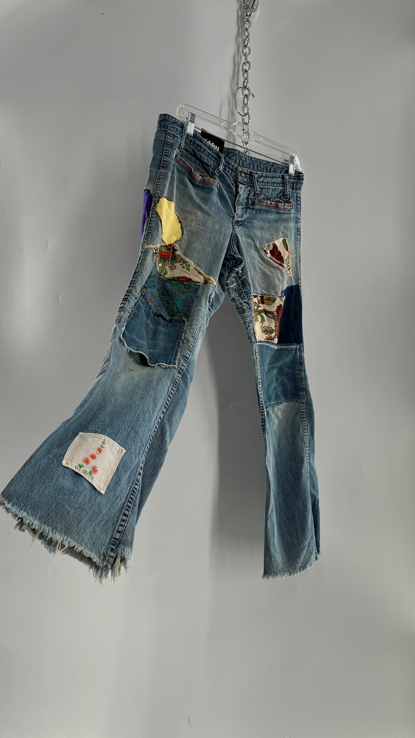 Vintage Rare 1970s Light Wash, Low Rise Boot Cut Jeans with Hand Stitched Tapestry Style Patches and Purple Heart on Bum (Measurements Below)