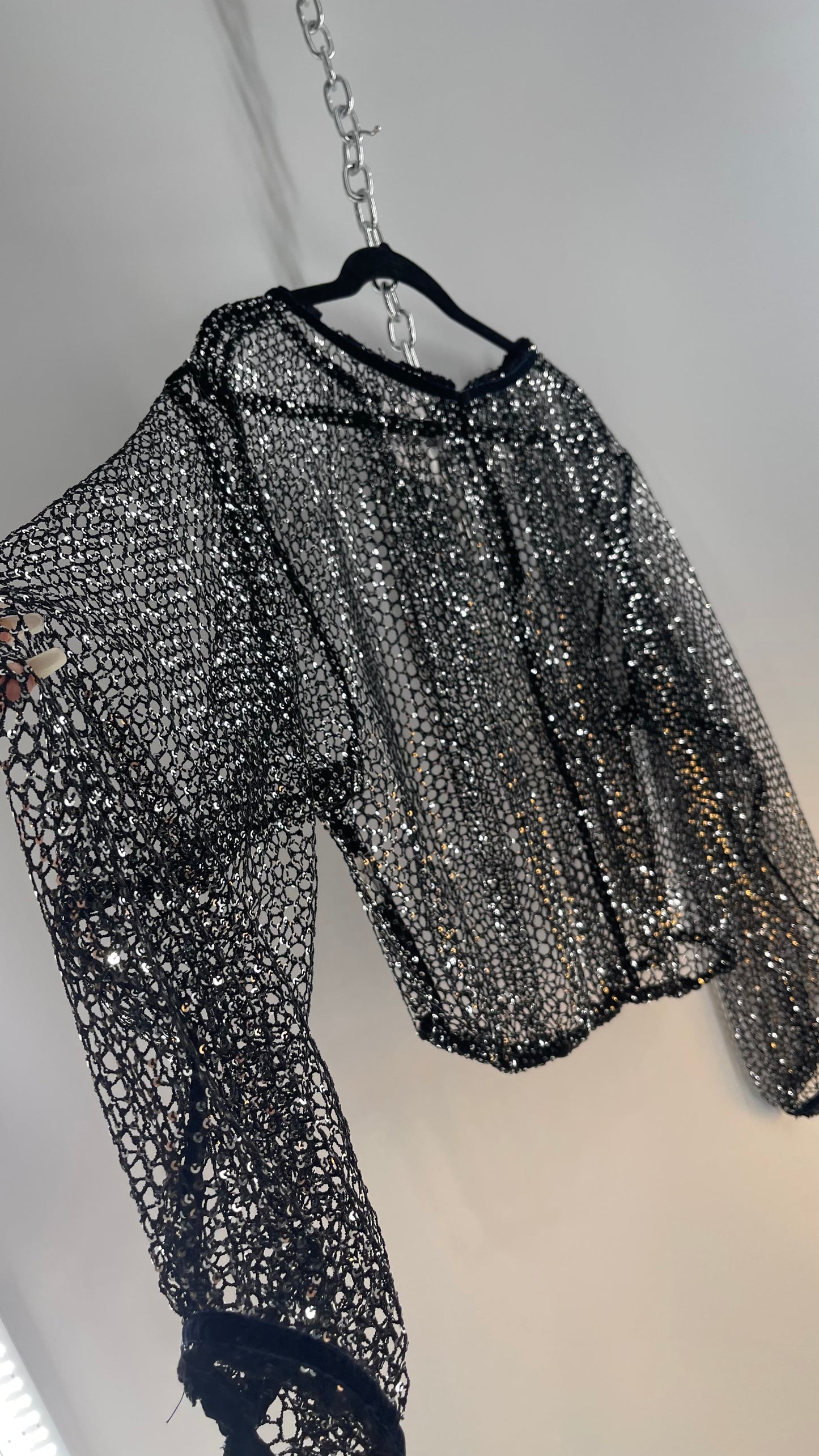 Free People Disco Black Mesh Blouse with Velvet Ribbon Trim (S/M)