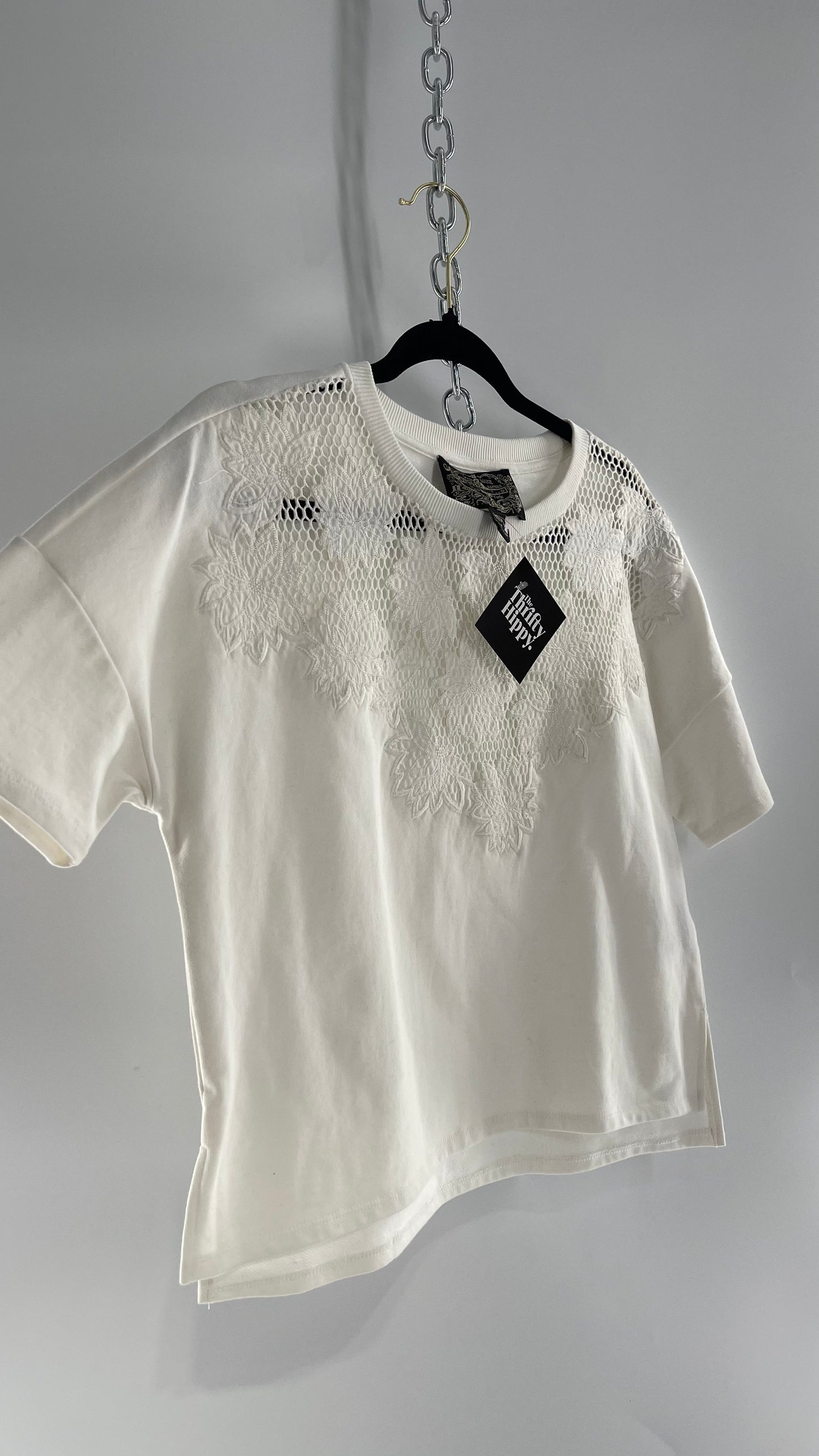 JAMES COVIELLO NY, NY White Thick T Shirt with Embroidered Florals and Mesh (S Petite)