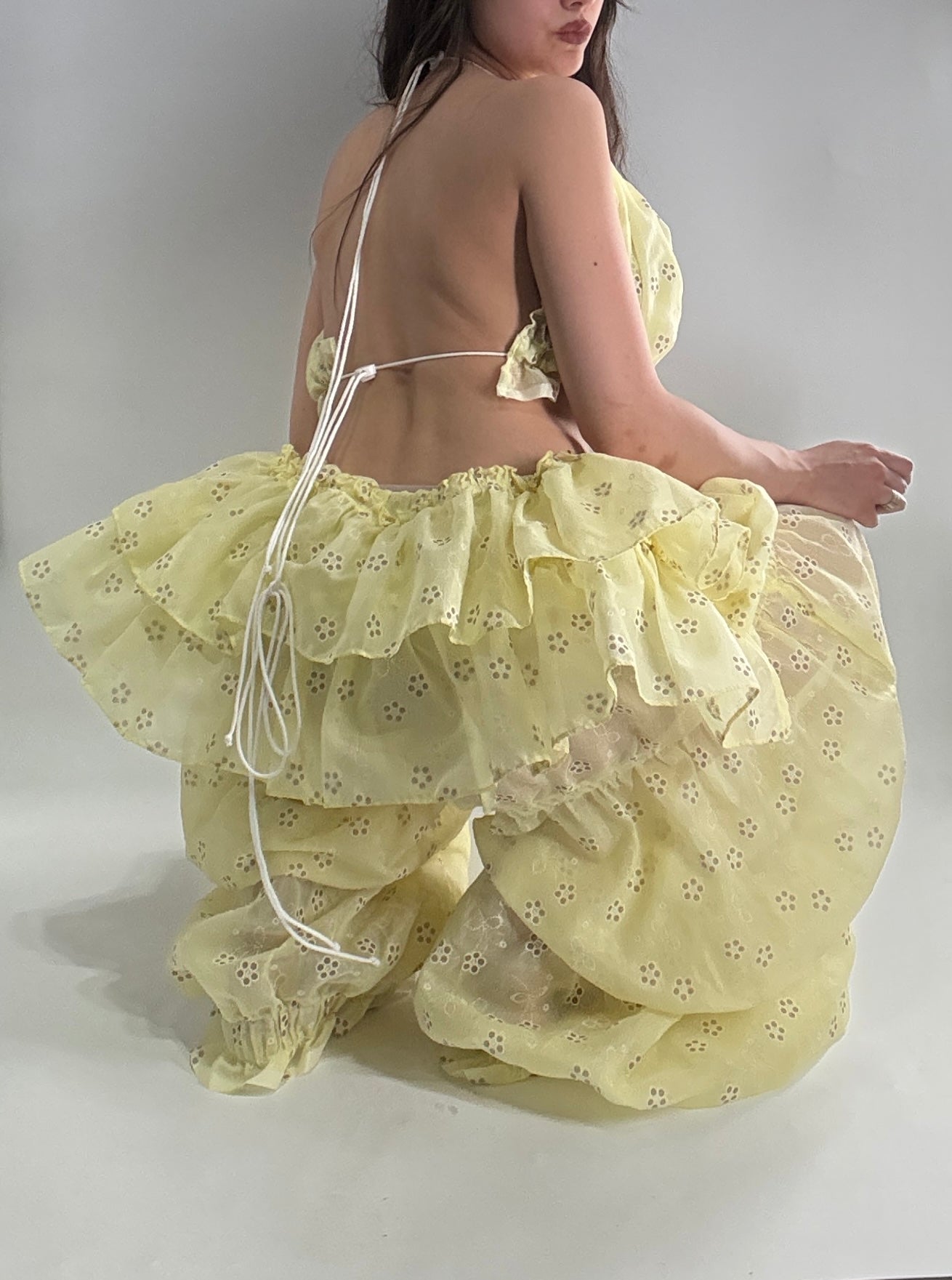 Vintage Handmade 2pc Baby Yellow Set with Tiered Pants, Ruffled Bum, and Floral Eyelet Pattern (XS-M)