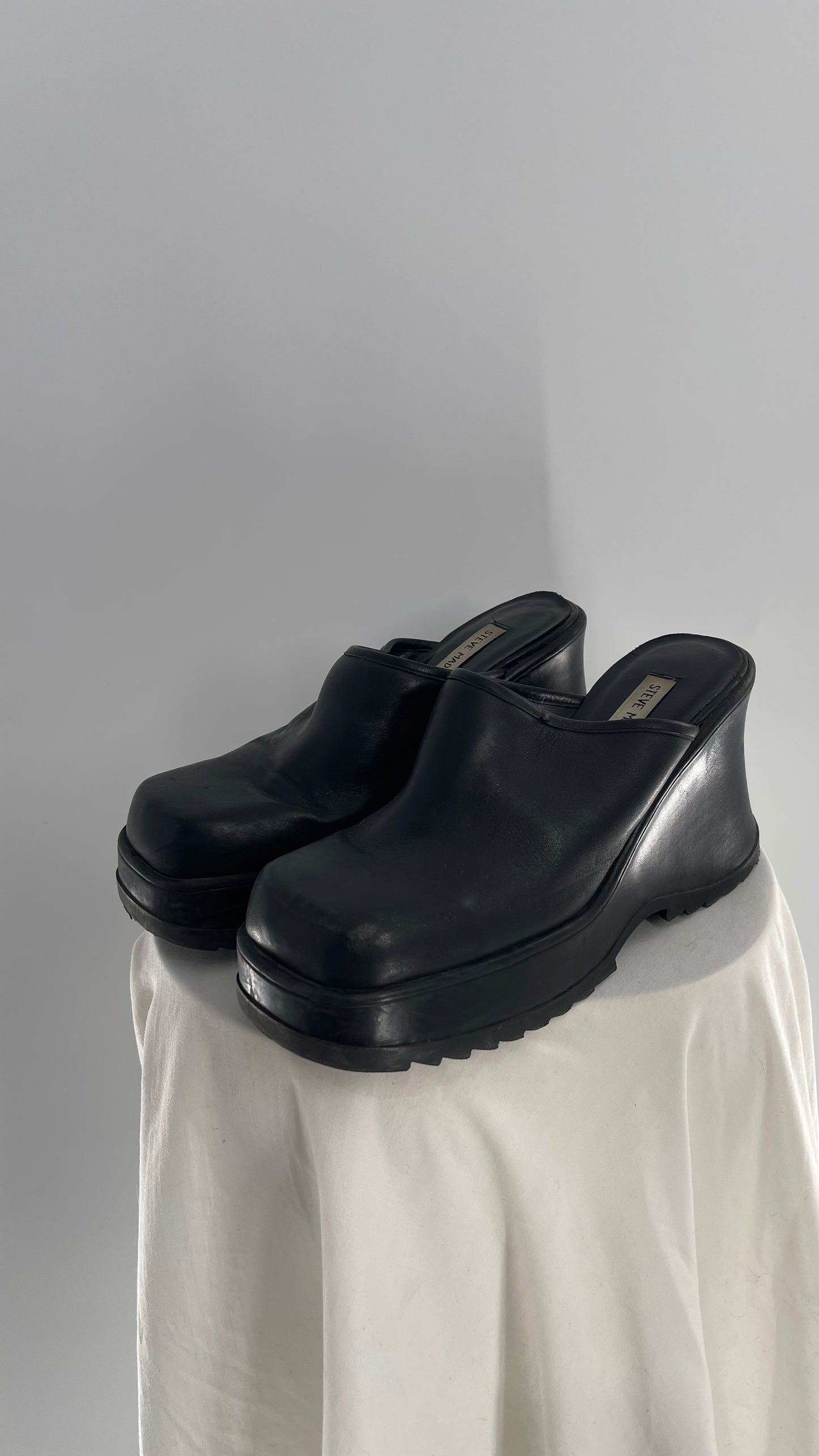 STEVE MADDEN Rare Black Leather Chunky Platform Wedge Clog (10)