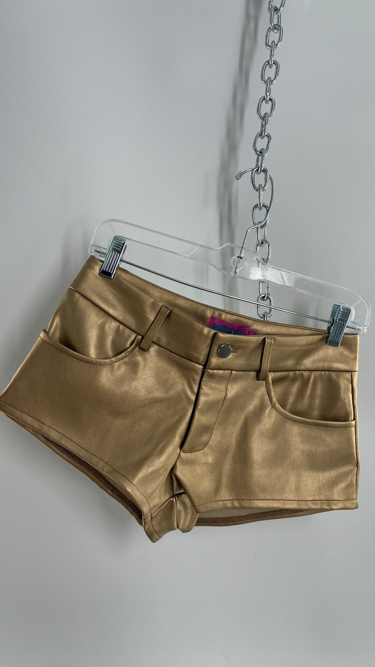 EDIKTED Gold Vegan Leather Low Waisted Hot Shorts (XS)