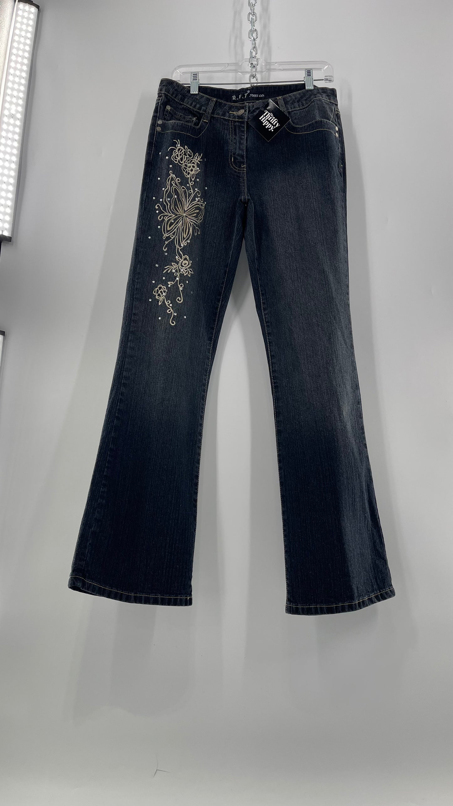 Vintage RVT Grey Kickflare Jeans with Butterfly Embroidery and Rhinestone Embellishment (9/10)