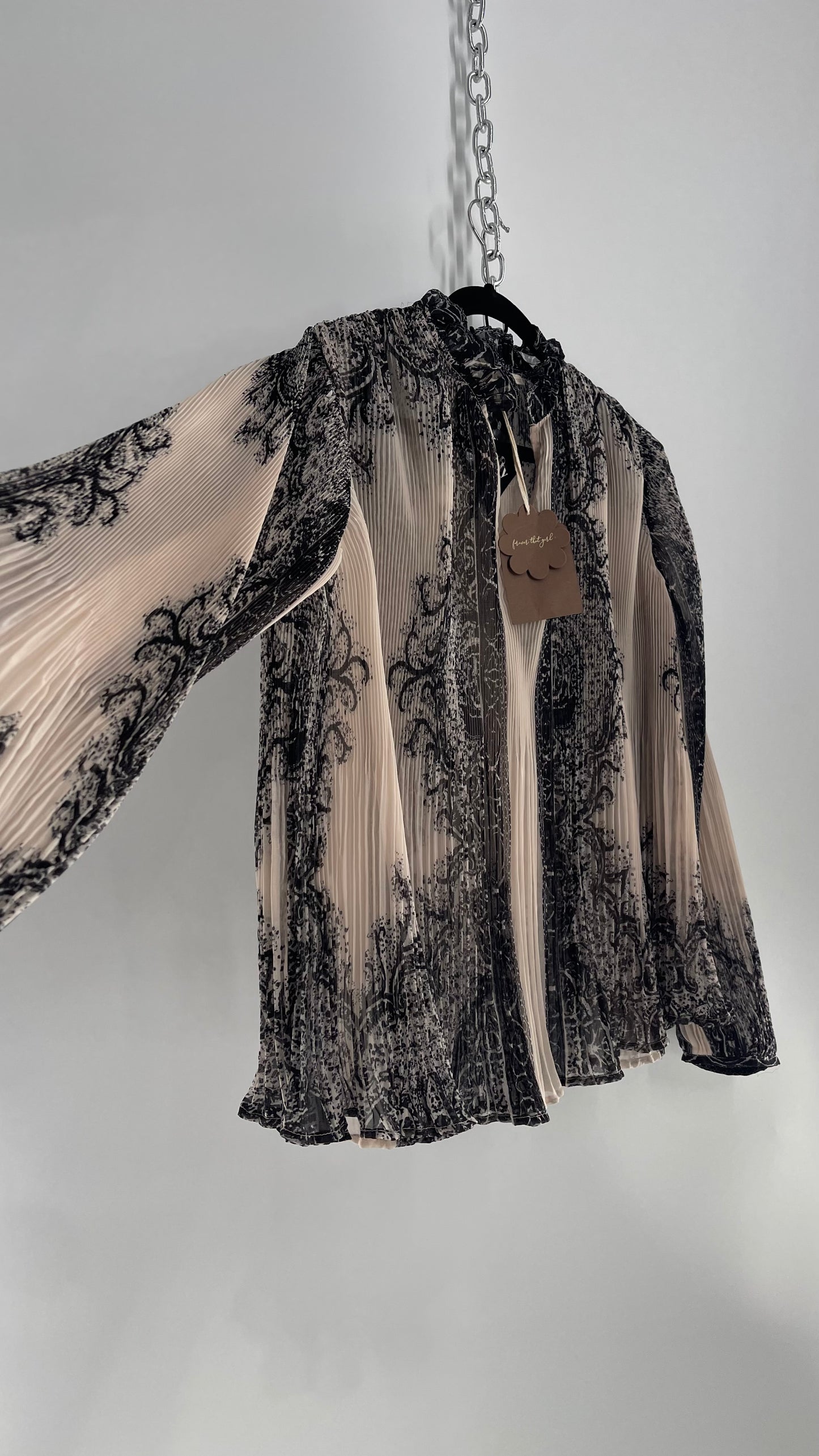 Forever that Girl Brocade Black and Dusk Pleated/Fluted Blouse with Tags Attached (Medium)