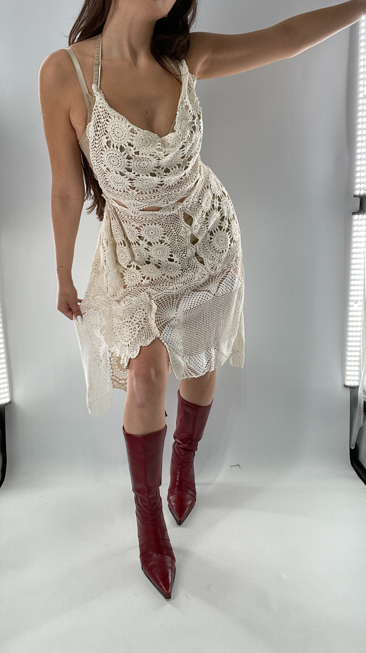 Vintage Handmade Crochet Cottage Adjustable Dress with Open, Low Back (One Size)