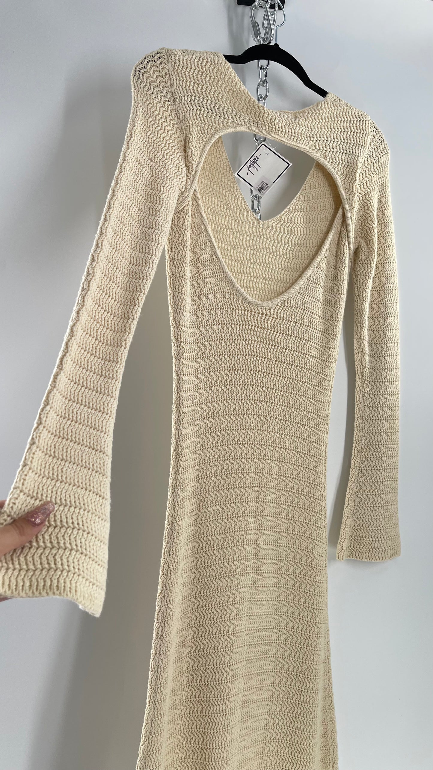 Free People Cozy Cream Knit Open Back Maxi Dress with Slight Bell Sleeve (Large)