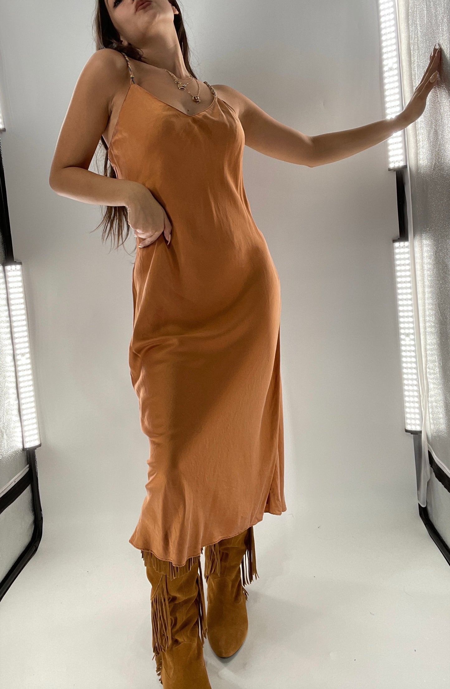 DIANE GILMAN 100% Silk Terracotta Clay Toned Tan Dress (Medium)