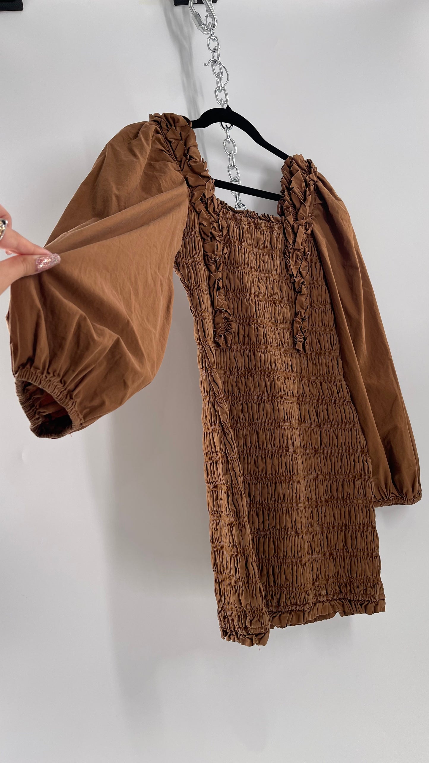 Endless Rose Anthropologie Brown Smocked Ruffle Front Puff Sleeve Mini Dress (Medium)