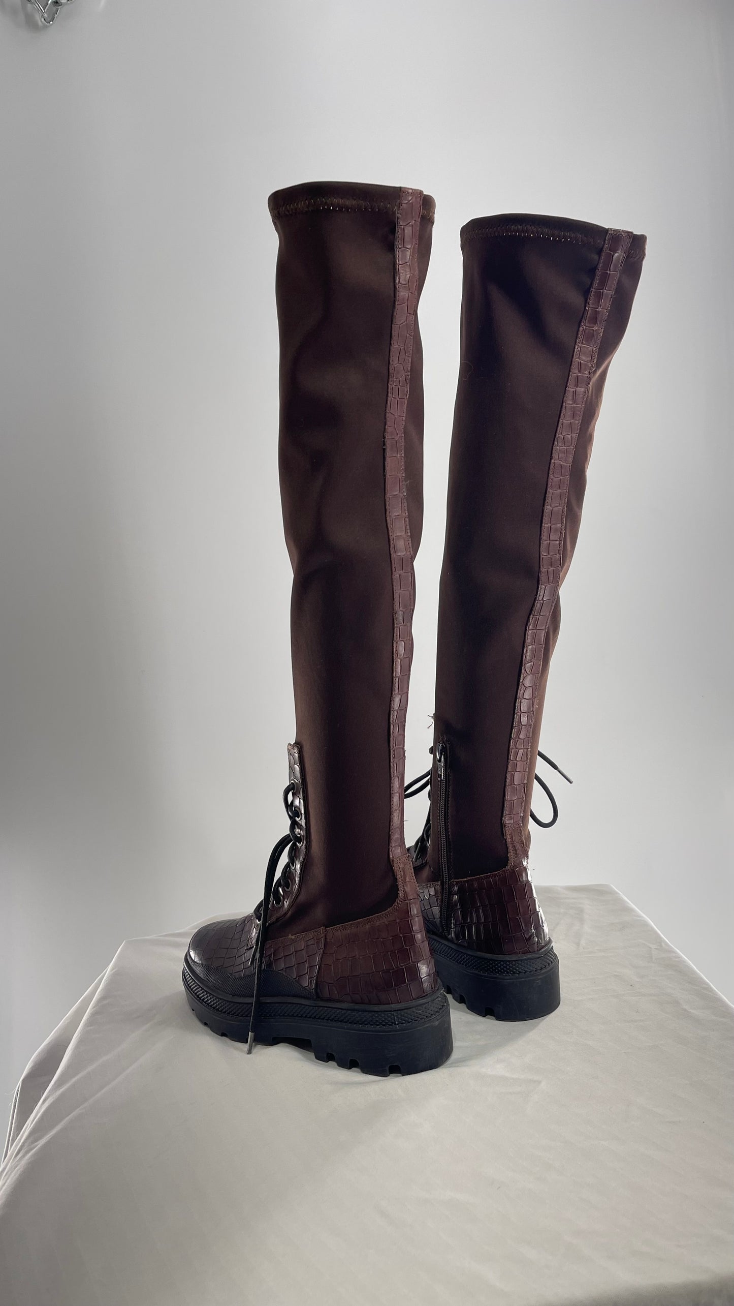Free People Dark Brown Riding Style Embossed Knee High Platform Boots (37)