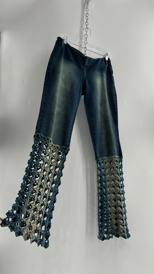 Vintage BONAIRE 1990s Rare Jeans with Faded Thighs + Bum, Low Waist, and Crochet Legs (34)