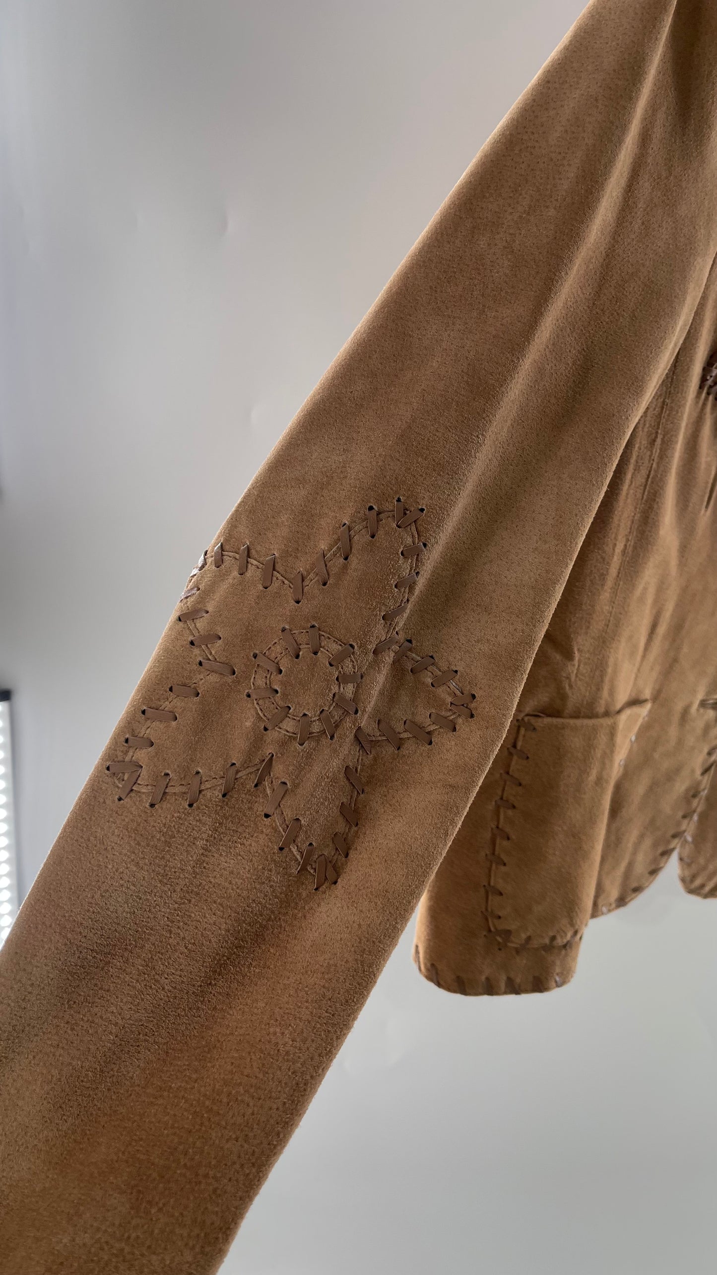 Vintage Rare Light Brown Genuine Suede Blazer with Embroidered Suede Flower and Contrasting Thick Leather Stitching (Medium)