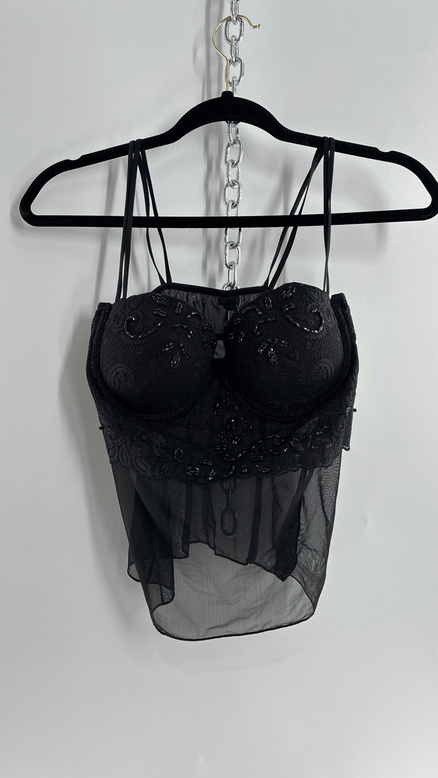 Vintage LA FRESCA Black Lace Bustier Babydoll with Mesh Bodice and Beaded Cups/Band (Large)