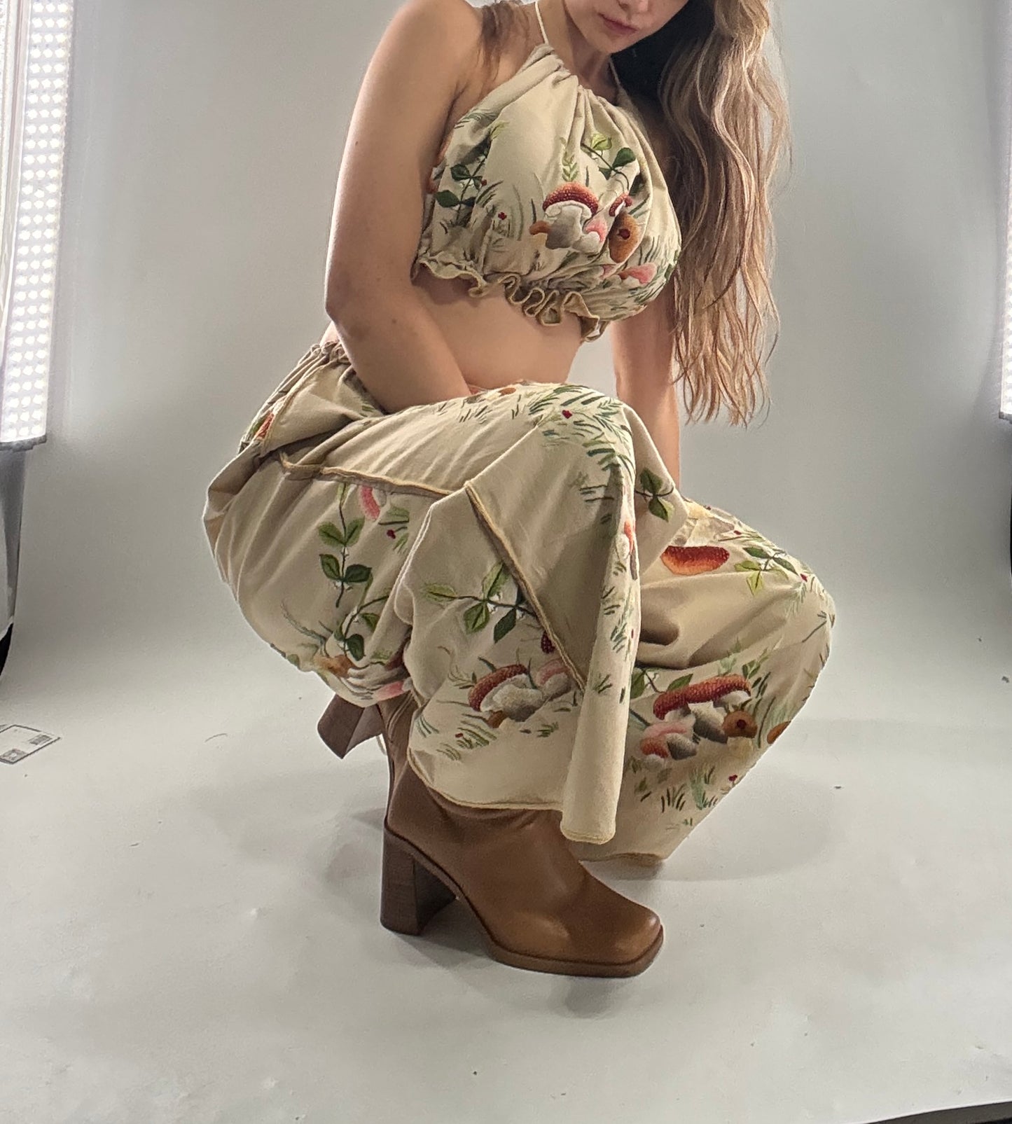 Vintage Custom Handmade and Hand Embroidered Two Piece Set with Mushrooms, Vines, and Ladybugs (XS-L)